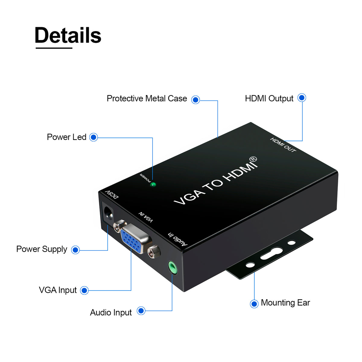 CKL VGA to HDMI Adapter Converter 1080P with 3.5mm Audio Sound and DC 5V Power Supply for PC Laptop Display Computer Mac Projector HDTV