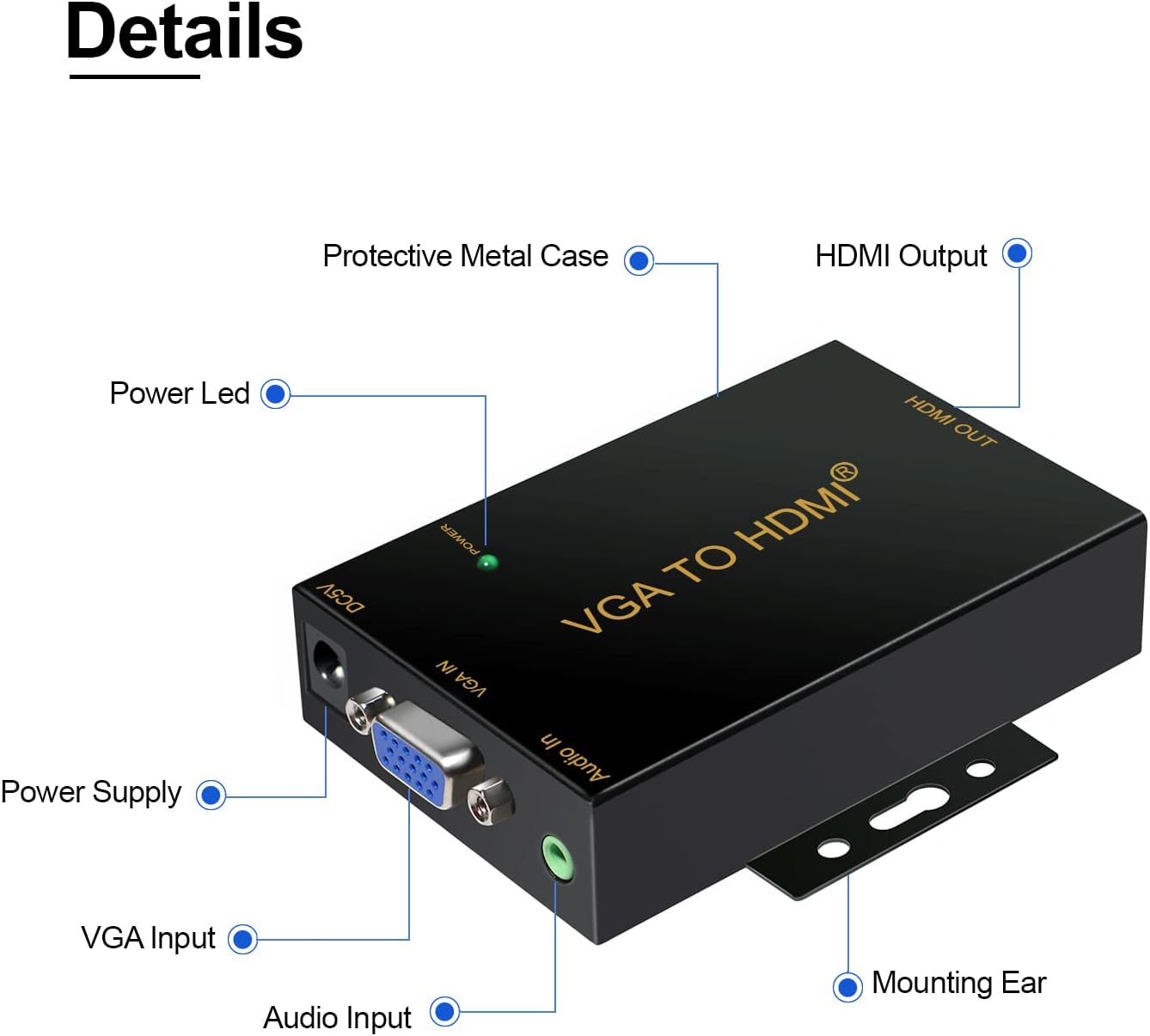 CKL VGA to HDMI Adapter Converter 1080P with 3.5mm Audio Sound and DC 5V Power Supply for PC Laptop Display Computer Mac Projector HDTV CKL KVM Switches