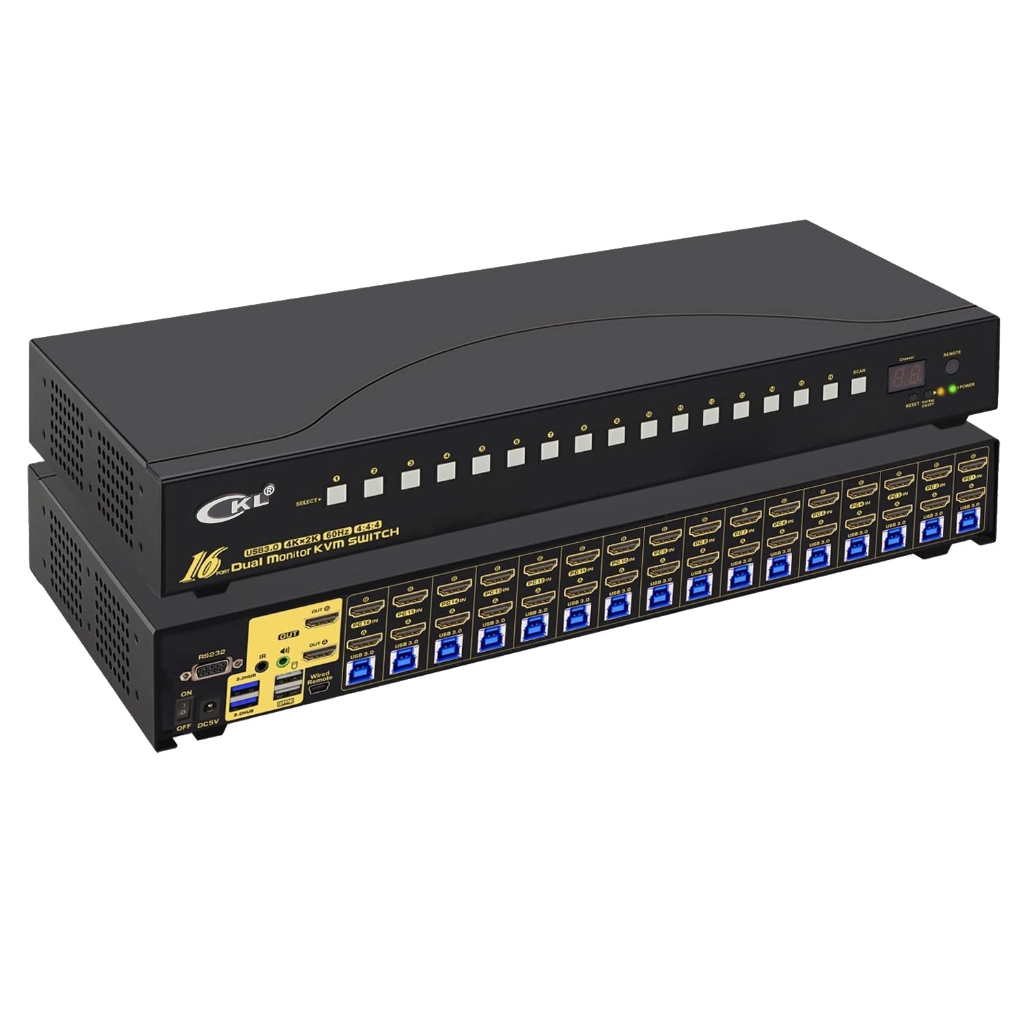 CKL 16 Port USB 3.0 Rack Mount HDMI KVM Switch Dual Monitor 4K@60Hz with Audio, 2 Integrated USB 3.0 Hub and Cables, Keyboard Mouse Hotkey Switcher Box Supports IR Remote RS232 Control (CKL-9216H-3) CKL