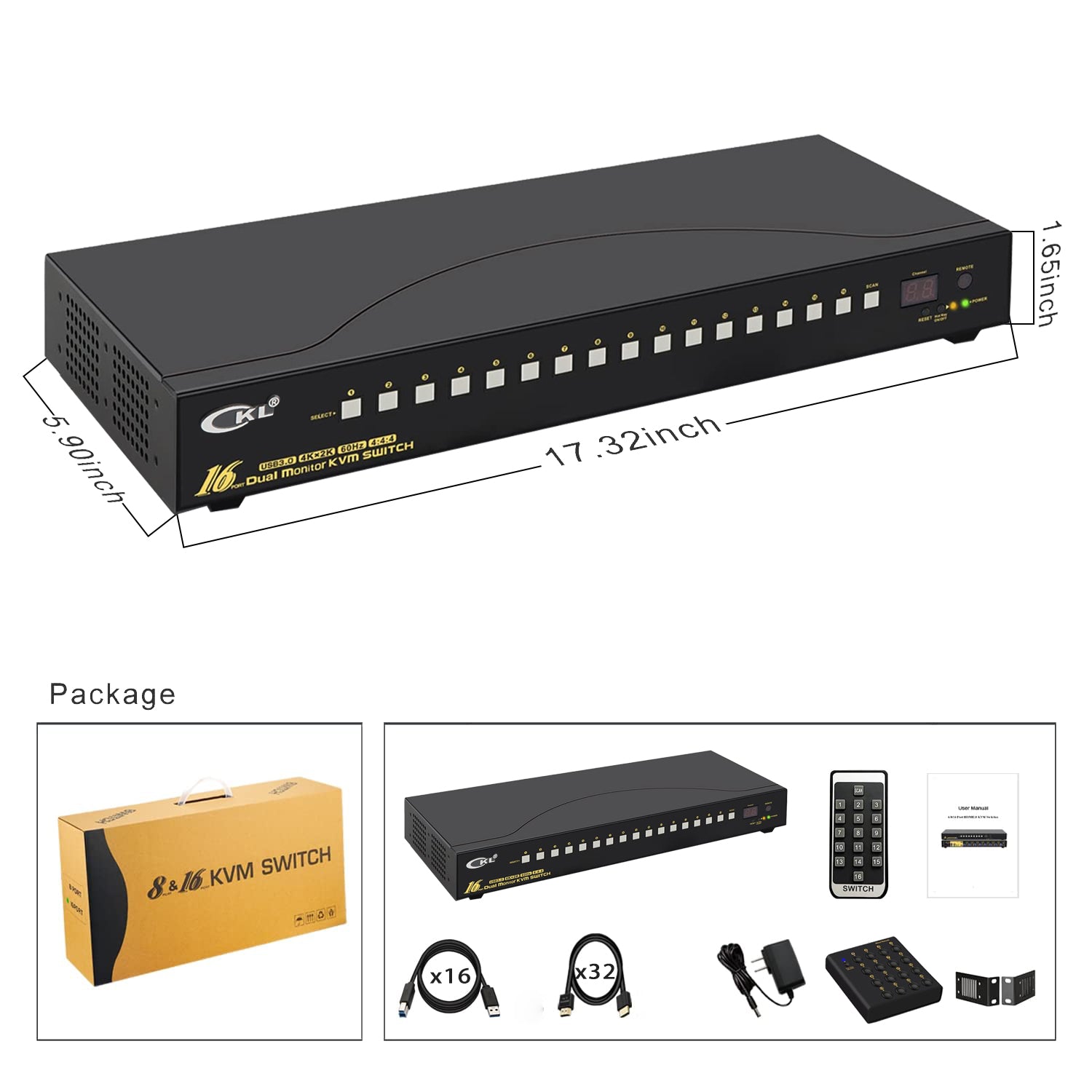 CKL 16 Port USB 3.0 Rack Mount HDMI KVM Switch Dual Monitor 4K@60Hz with Audio, 2 Integrated USB 3.0 Hub and Cables, Keyboard Mouse Hotkey Switcher Box Supports IR Remote RS232 Control (CKL-9216H-3) CKL