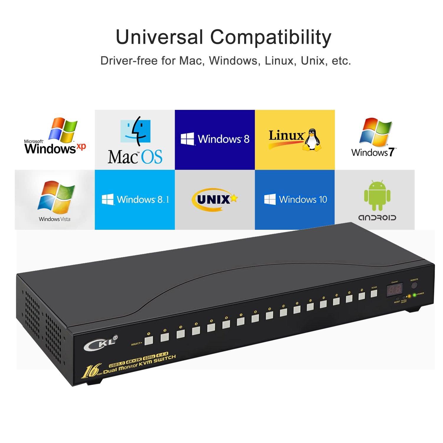 CKL 16 Port USB 3.0 Rack Mount HDMI KVM Switch Dual Monitor 4K@60Hz with Audio, 2 Integrated USB 3.0 Hub and Cables, Keyboard Mouse Hotkey Switcher Box Supports IR Remote RS232 Control (CKL-9216H-3) CKL