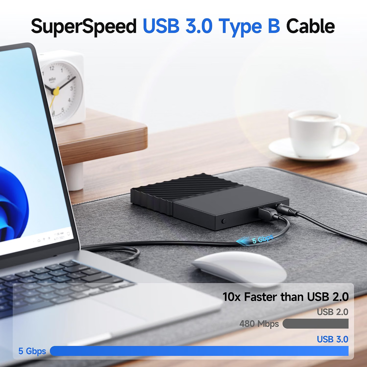 5Gbps USB 3.0 Cable, USB A to B Cable, 6ft, Black