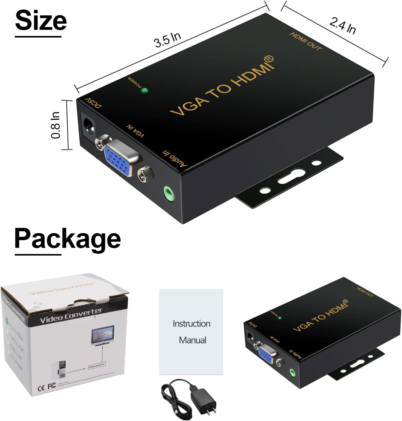 CKL VGA to HDMI Adapter Converter 1080P with 3.5mm Audio Sound and DC 5V Power Supply for PC Laptop Display Computer Mac Projector HDTV CKL KVM Switches