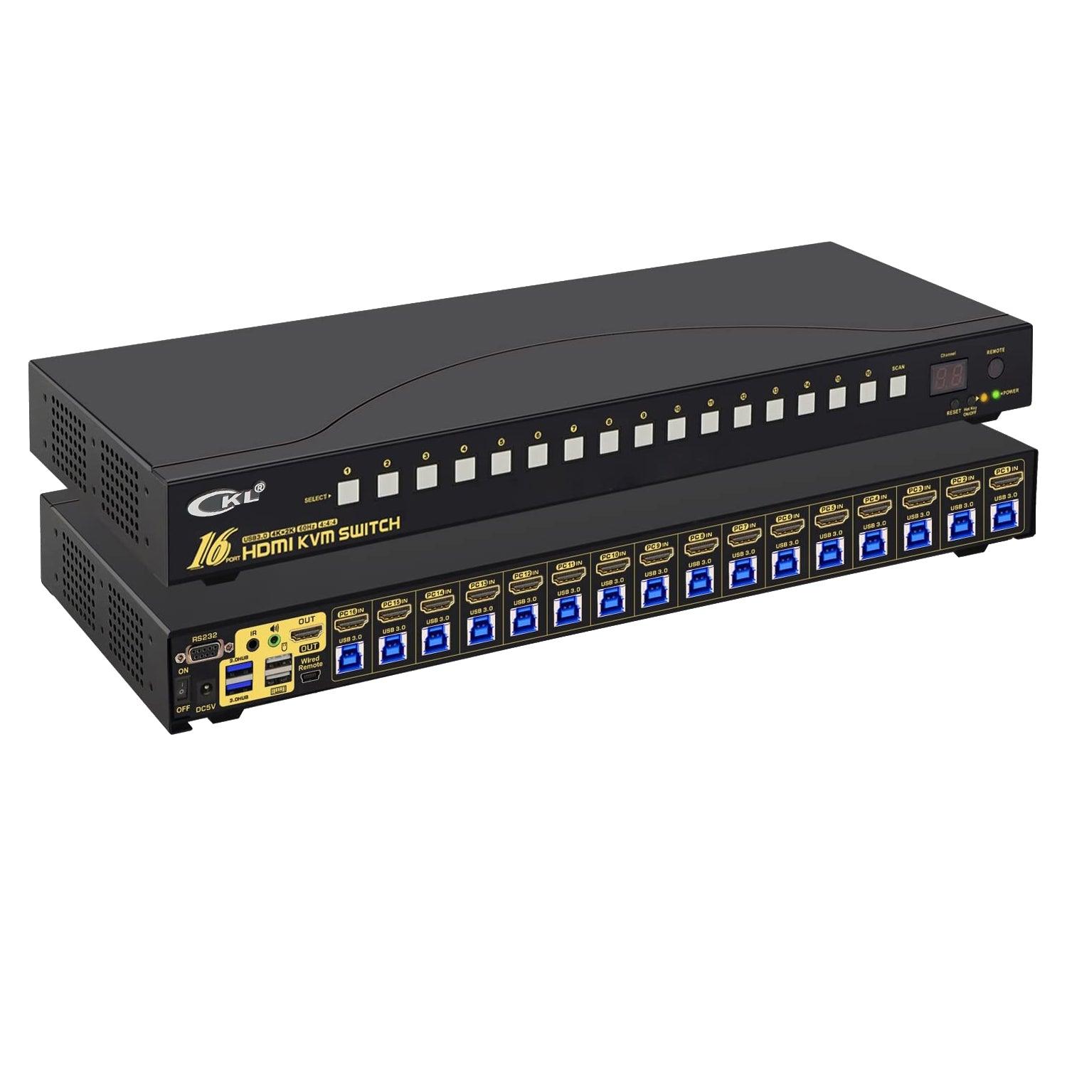 CKL 16 Port Rack Mount USB 3.0 KVM Switch HDMI 4K@60Hz with Audio, Cables and 2 Extra USB 3.0 Hub for 16 Computers Sharing Single Monitor (CKL-9116H-3) - CKL KVM Switches
