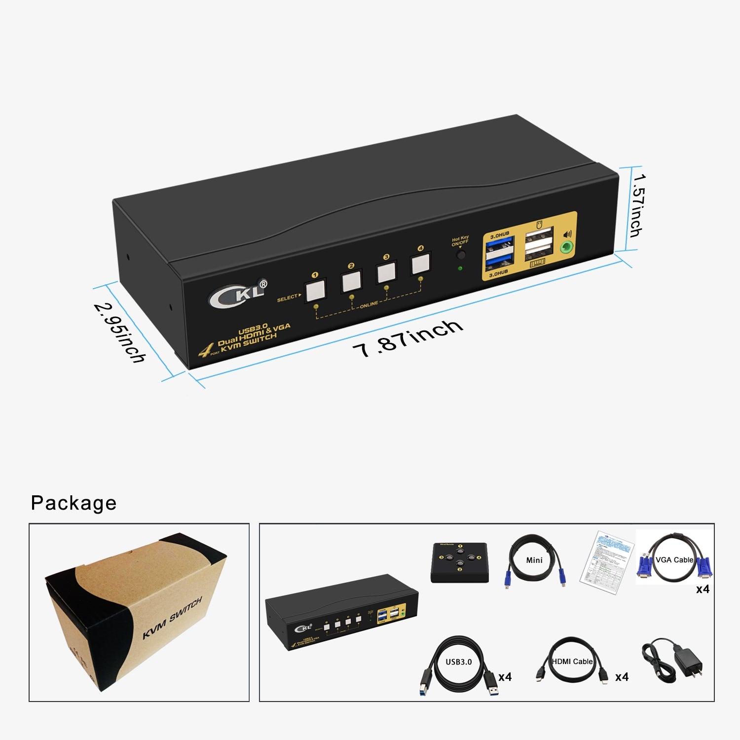 4 Port USB 3.0 HDMI+VGA KVM Switch Dual Monitor 4K 60Hz CKL-942HV-3 CKL