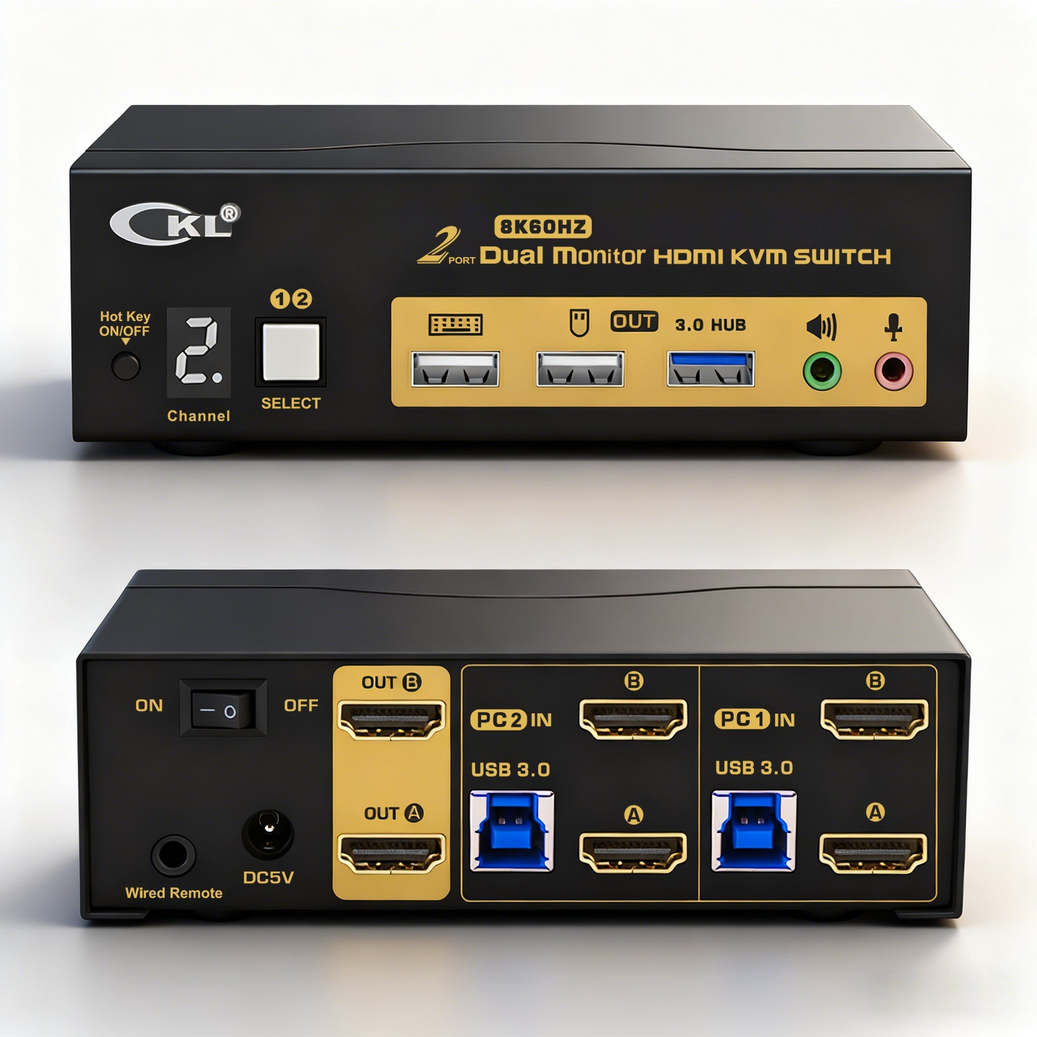 CKL 2 Port USB 3.0 KVM Switch Dual Monitor HDMI 2.1 8K 60Hz 4K 120Hz 144Hz with EDID for 2 Computers 2 Monitors 922HUA-5 CKL