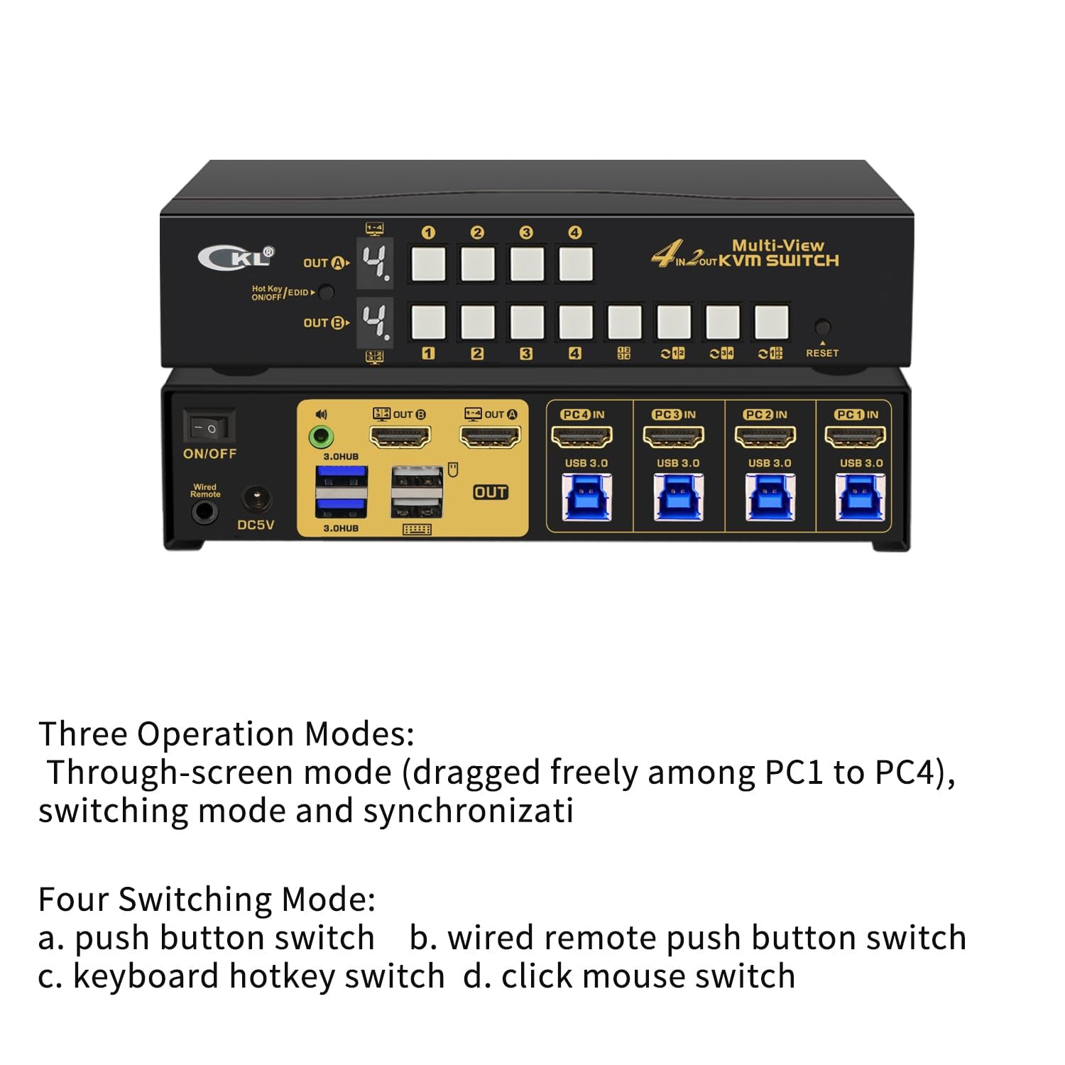 CKL 4 Port HDMI Split Multi-View KVM Switch Dual Monitor with Cables Supports Single-Screen, Dual-Screen, Quad-Screen Modes, Split and PIP Function, Hotkey Switching 42MVKVM-A CKL KVM Switches