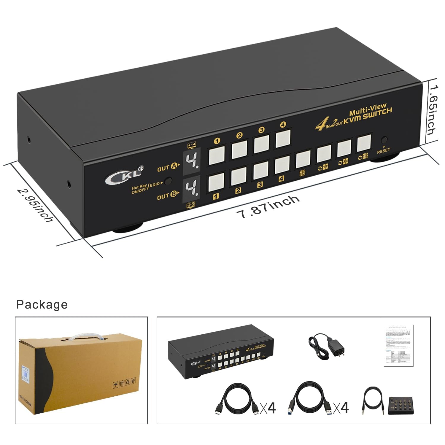 CKL 4 Port HDMI Split Multi-View KVM Switch Dual Monitor with Cables Supports Single-Screen, Dual-Screen, Quad-Screen Modes, Split and PIP Function, Hotkey Switching 42MVKVM-A