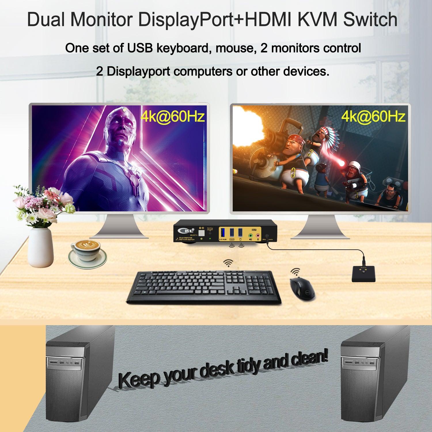 CKL DisplayPort 1.4 MST KVM Switch Dual Monitor 2 Port 4K 60Hz | DisplayPort + HDMI Output | 2 Computers 2 Monitors | Support USB 3.0, Audio, Mic. (622DH-MST) - CKL KVM Switches
