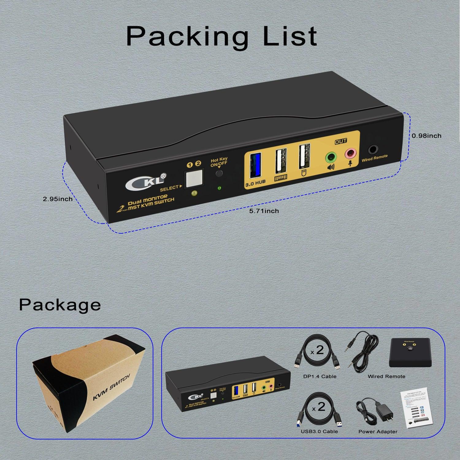 CKL DisplayPort 1.4 MST KVM Switch Dual Monitor 2 Port 4K 60Hz | DisplayPort + HDMI Output | 2 Computers 2 Monitors | Support USB 3.0, Audio, Mic. (622DH-MST) - CKL KVM Switches