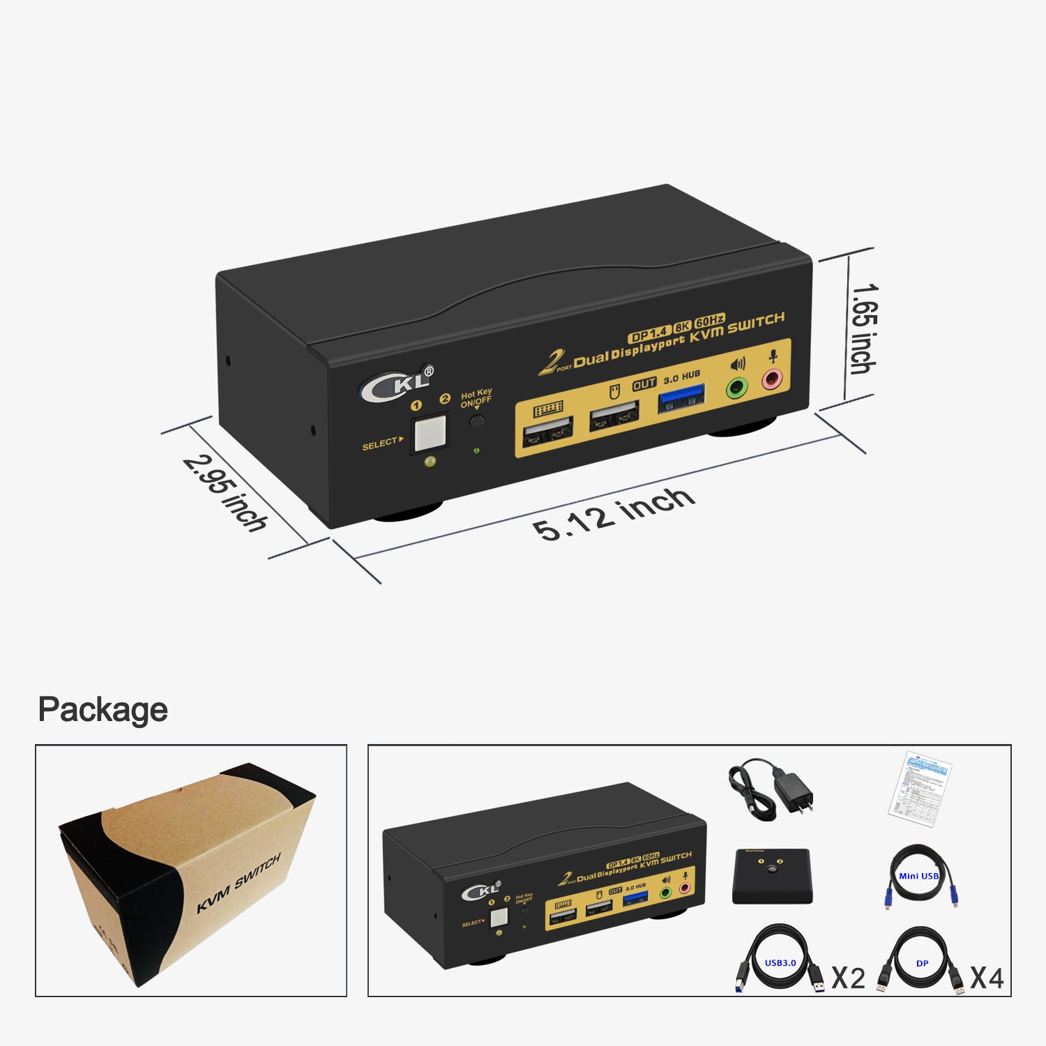2 Port USB 3.0 KVM Switch Dual Monitor DisplayPort 1.4 8K@30Hz 4K@144Hz for 2 Computers 2 Monitors CKL-622DP-4