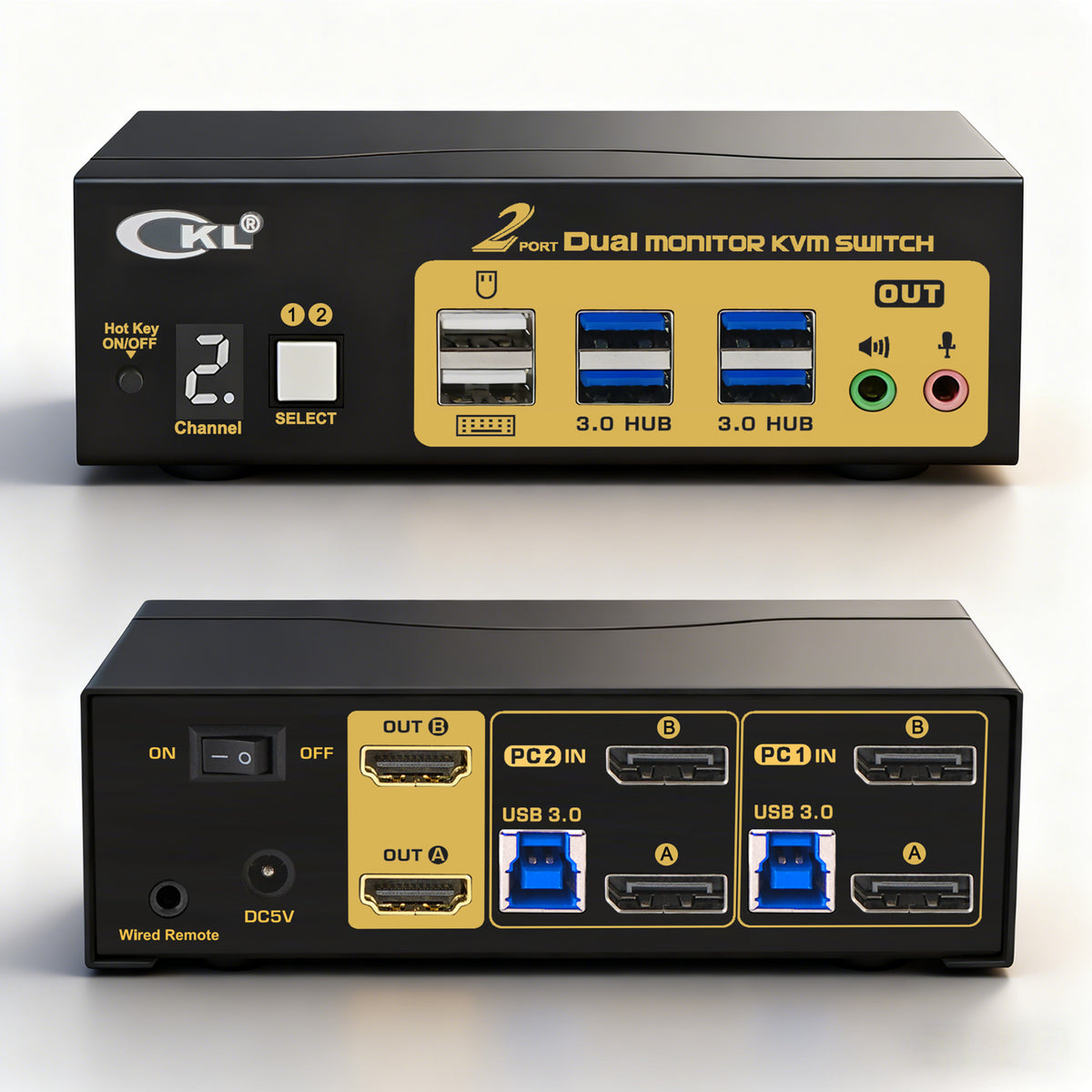CKL 2 Port Dual Monitor DisplayPort 1.4 KVM Switch 8K@60Hz 4K@144Hz with HDMI Output, Emulated EDID, USB3.0 Hub, 3.5mm Audio Mic, Hotkey for 2 PCs Share Keyboard Mouse 2 Monitors(622DP-5)