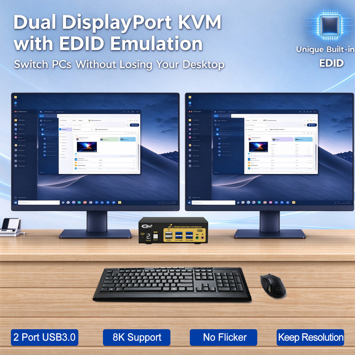 CKL 2 Port Dual Monitor DisplayPort 1.4 KVM Switch 8K@60Hz 4K@144Hz with HDMI Output, Emulated EDID, USB3.0 Hub, 3.5mm Audio Mic, Hotkey for 2 PCs Share Keyboard Mouse 2 Monitors(622DP-5)