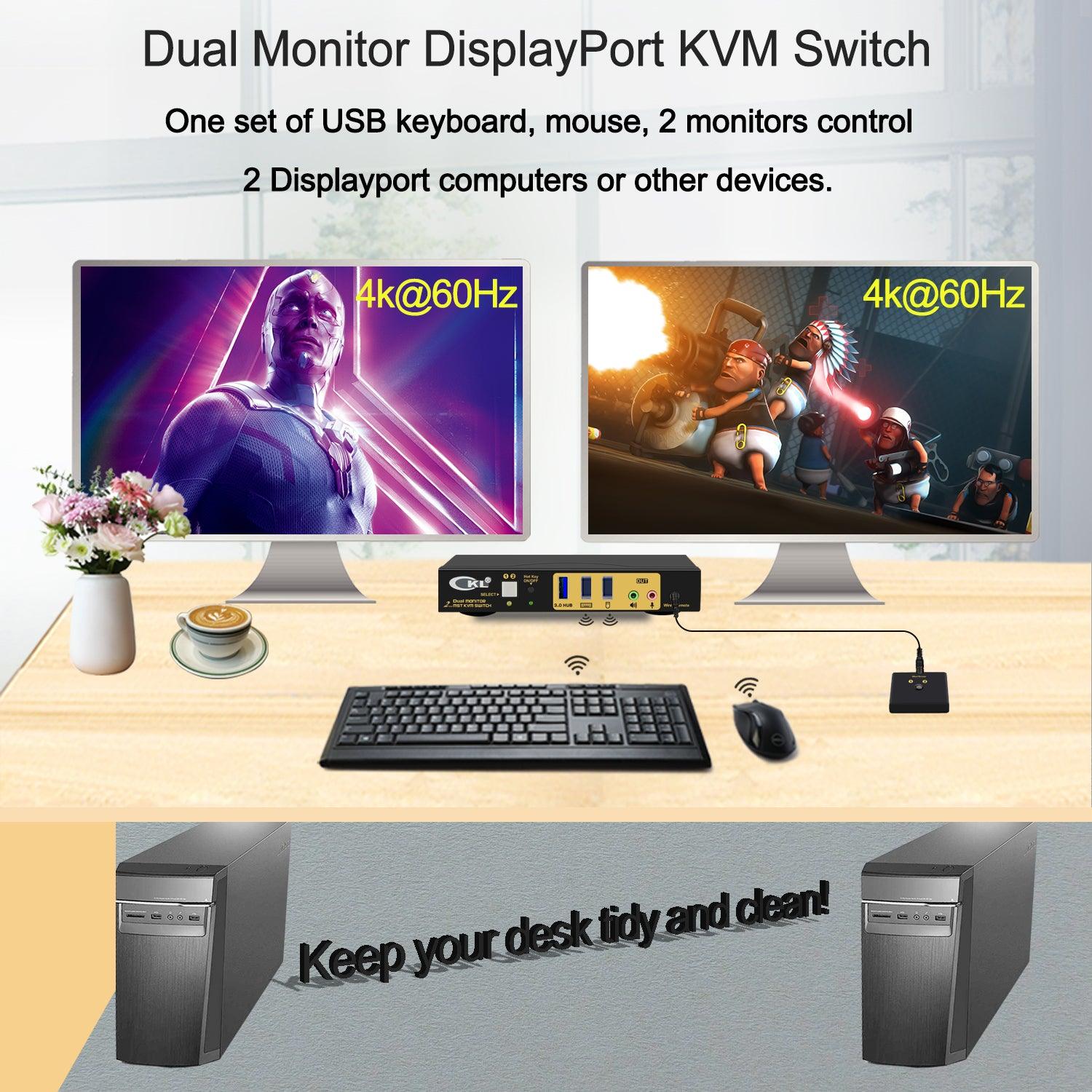 CKL DisplayPort 1.4 MST KVM Switch Dual Monitor 2 Port 4K 60Hz | DisplayPort + DisplayPort Output | 2 Computers 2 Monitors | Support USB 3.0, Audio, Mic (622DP-MST) - CKL KVM Switches