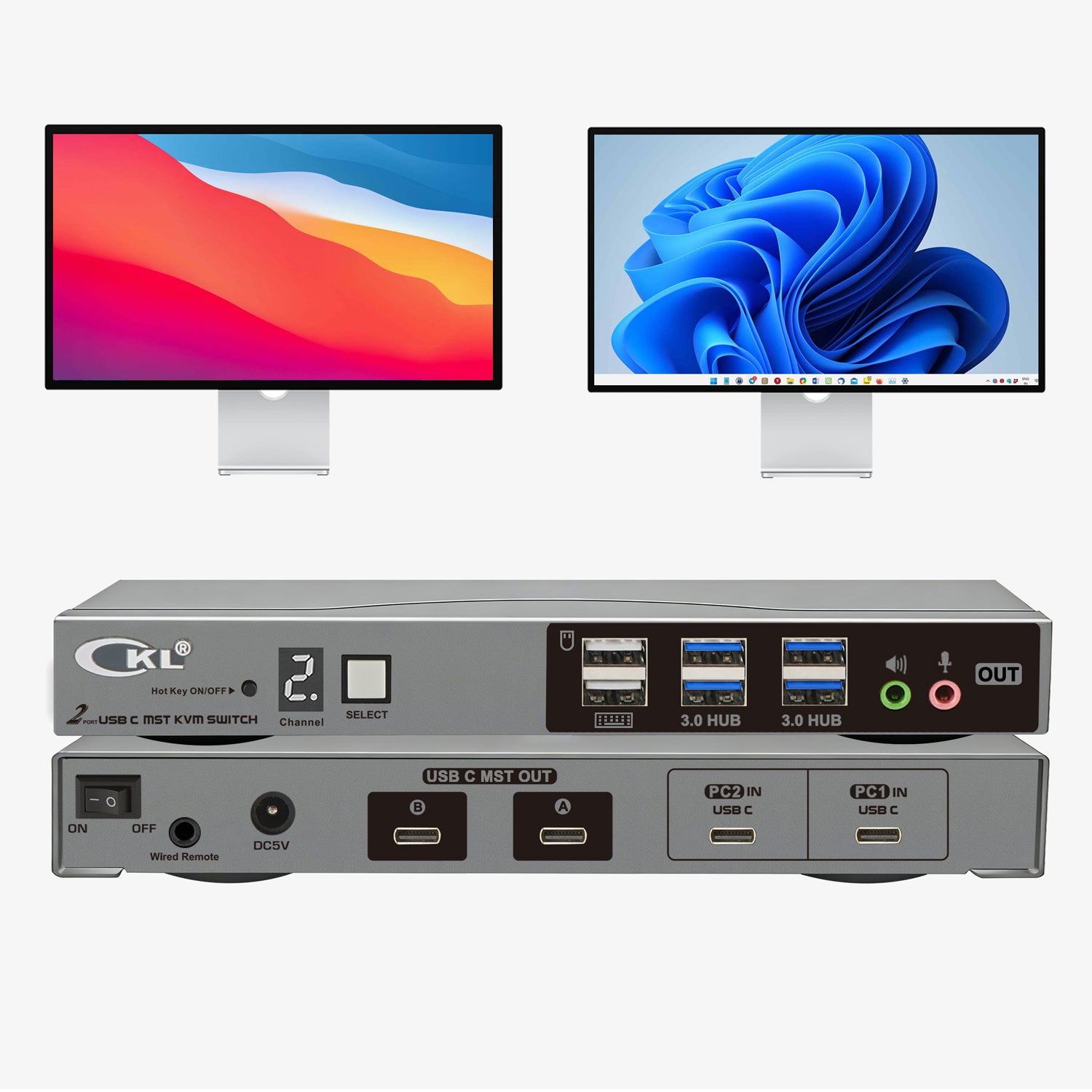 CKL USB C KVM Switch Dual Monitors 4K@60Hz, For 2 USB-C Laptops to Share Keyboard Mouse and 2 Monitors, USB 3.0 Hub & Audio, Compatible Thunderbolt 3/4 USB 4 MST CKL KVM Switches