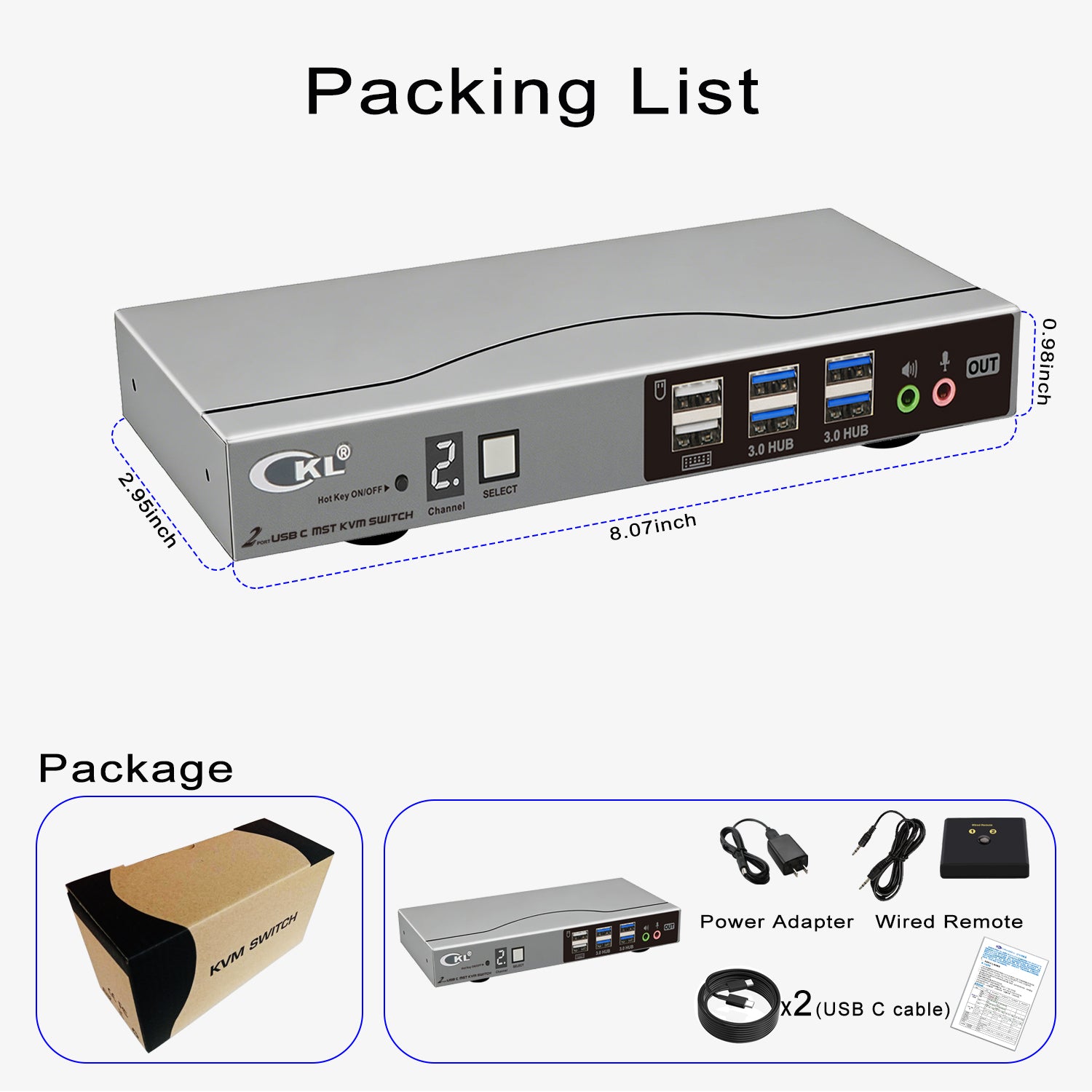CKL USB C KVM Switch Dual Monitors 4K@60Hz, For 2 USB-C Laptops to Share Keyboard Mouse and 2 Monitors, USB 3.0 Hub & Audio, Compatible Thunderbolt 3/4 USB 4 MST CKL KVM Switches