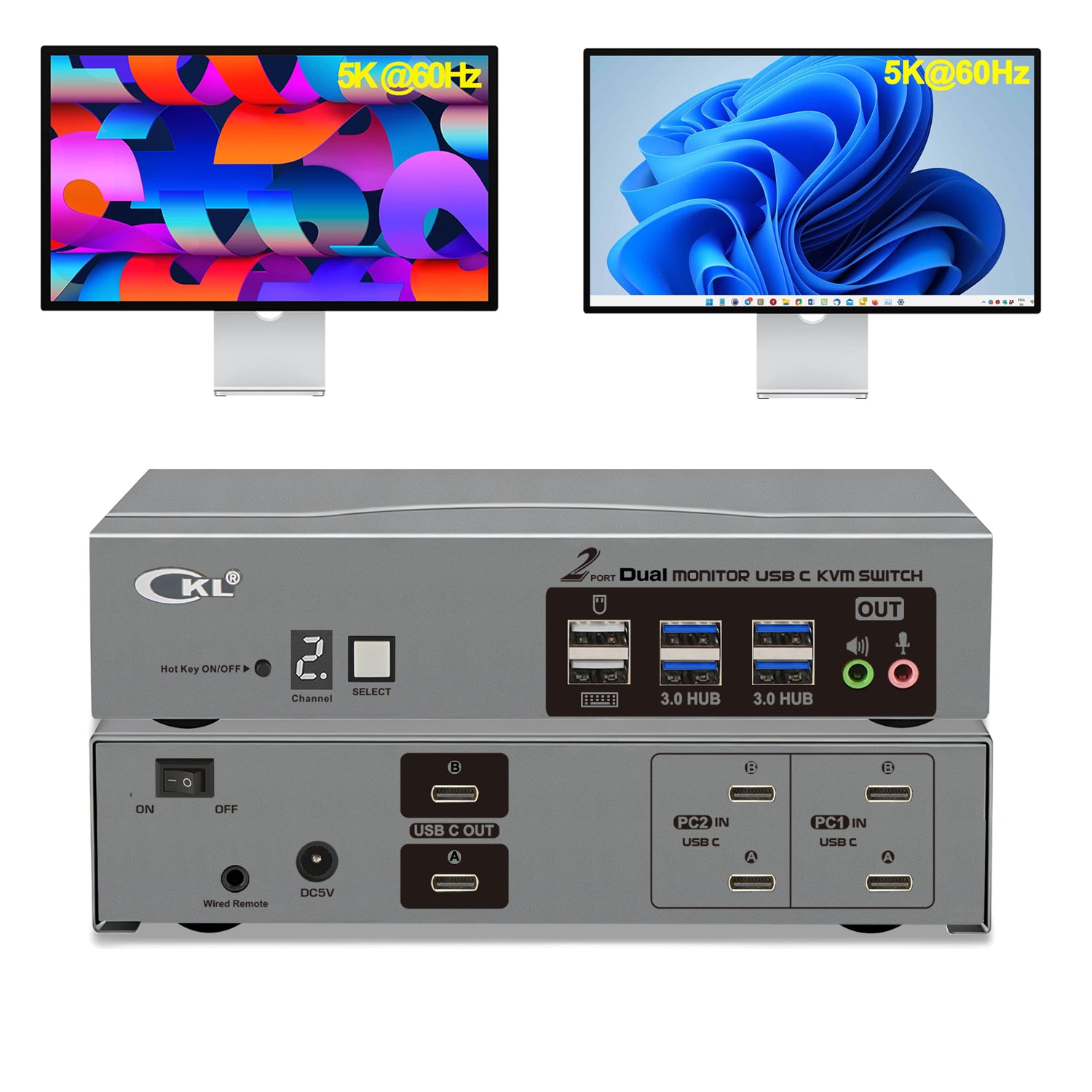 CKL 8K USB C KVM Switch Dual Monitor, Full USB-C In/Out KVM Switch, 2 USB-C Laptops Sharing Keyboard Mouse and 2 Monitors, USB 3.0 Hub & Audio, Plug Play for Mac Windows CKL KVM Switches