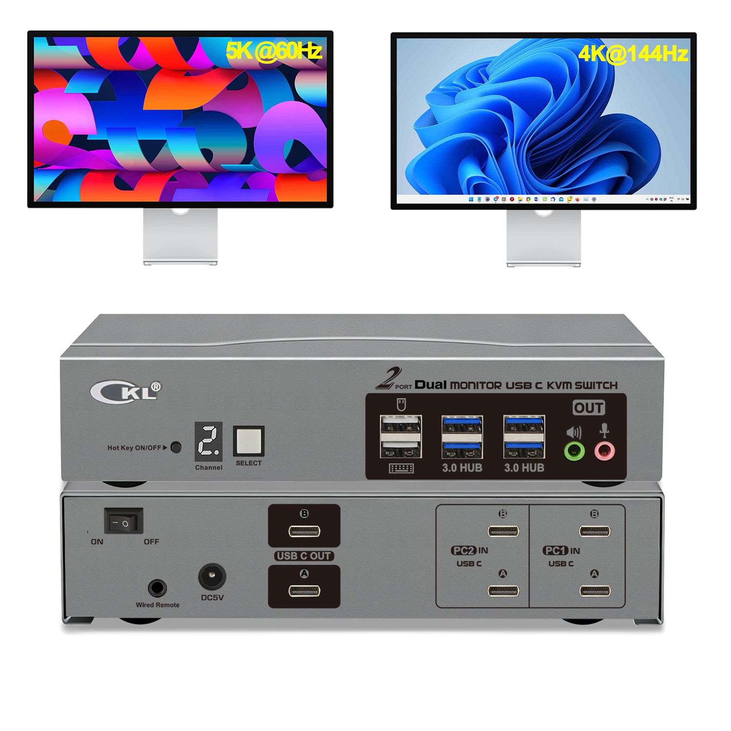 CKL 8K USB C KVM Switch Dual Monitor, Full USB-C In/Out KVM Switch, 2 USB-C Laptops Sharing Keyboard Mouse and 2 Monitors, USB 3.0 Hub & Audio, Plug Play for Mac Windows CKL KVM Switches