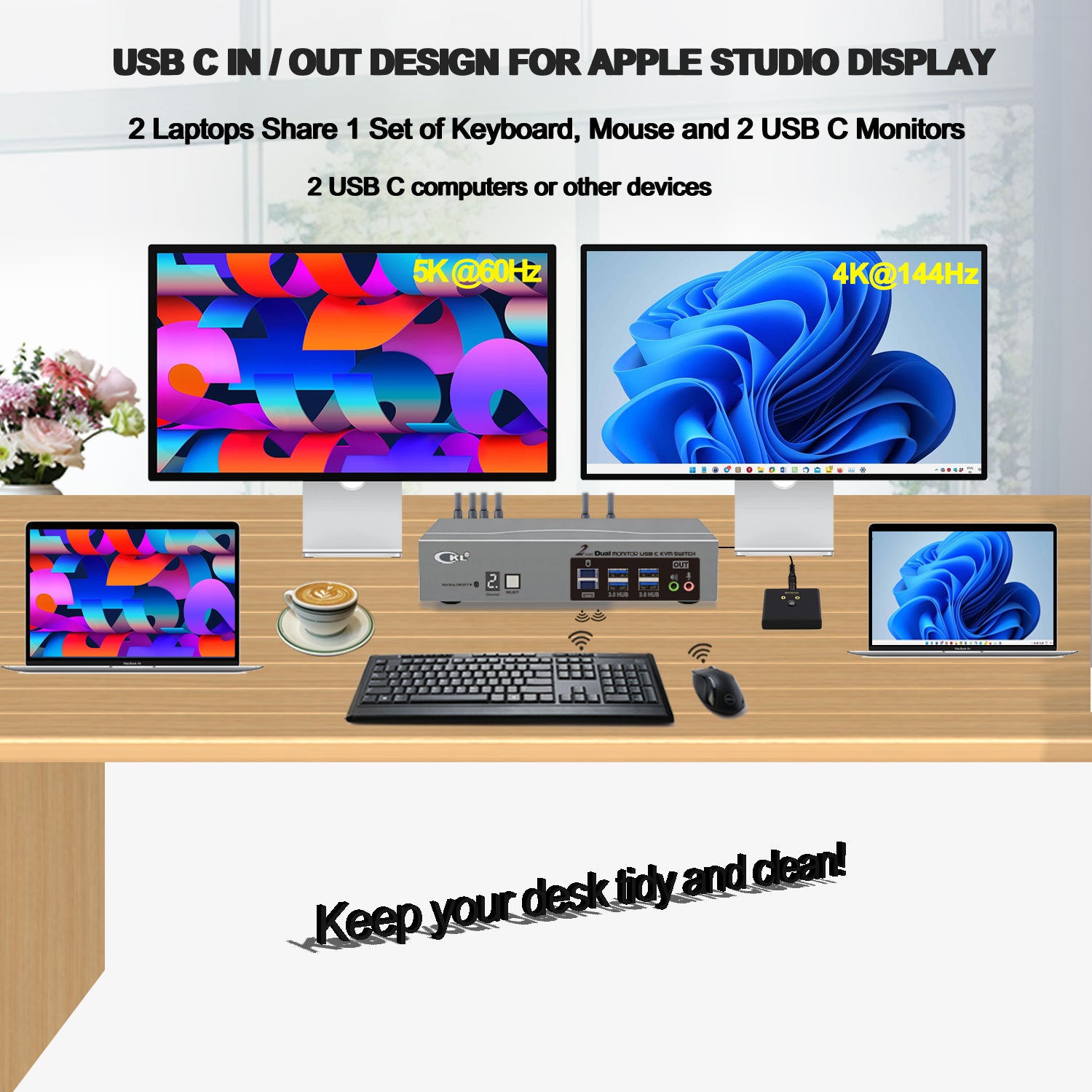 CKL 8K USB C KVM Switch Dual Monitor, Full USB-C In/Out KVM Switch, 2 USB-C Laptops Sharing Keyboard Mouse and 2 Monitors, USB 3.0 Hub & Audio, Plug Play for Mac Windows CKL KVM Switches