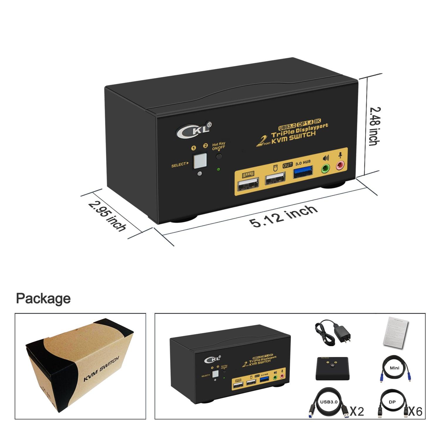 2 Port USB 3.0 KVM Switch Triple Monitor DisplayPort 1.4 8K@30Hz 4K@144Hz for 2 Computers 3 Monitors CKL-623DP-4 - CKL KVM Switches