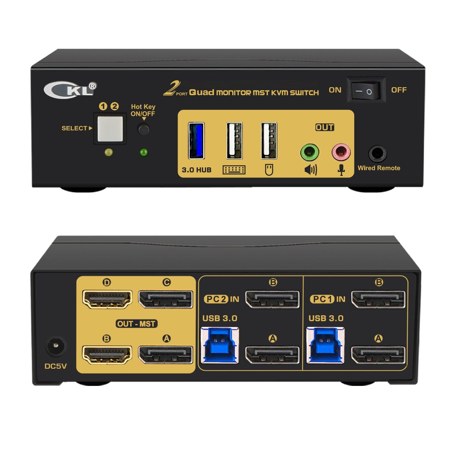 CKL DisplayPort 1.4 MST KVM Switch Quad Monitor 2 Port 4K 60Hz | DisplayPort + HDMI Output | 2 Computers 4 Monitors | Support USB 3.0, Audio, Mic. (624DH-MST) - CKL KVM Switches