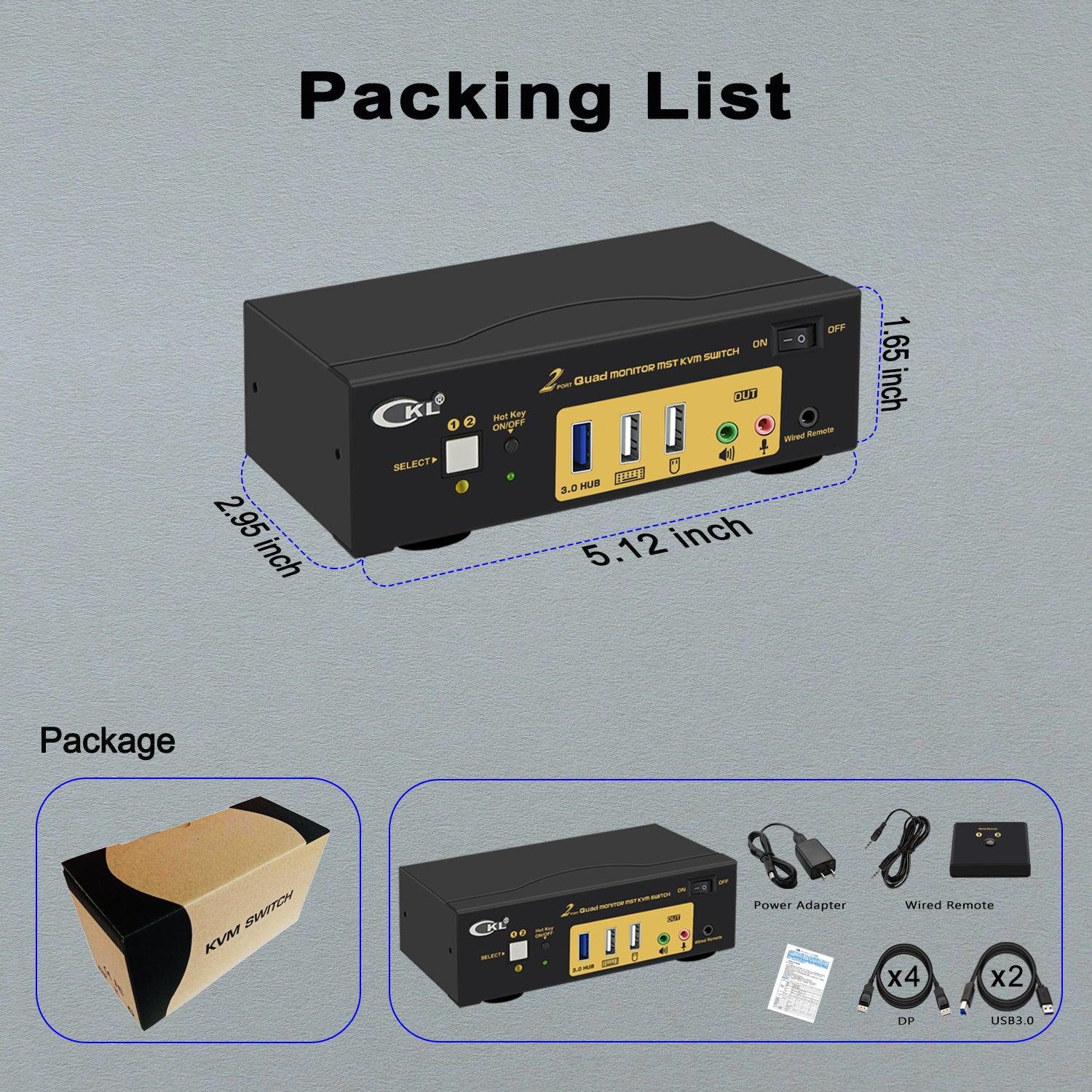 CKL DisplayPort 1.4 MST KVM Switch Quad Monitor 2 Port 4K 60Hz | DisplayPort + DisplayPort Output | 2 Computers 4 Monitors | Support USB 3.0, Audio, Mic (624DP-MST) - CKL KVM Switches