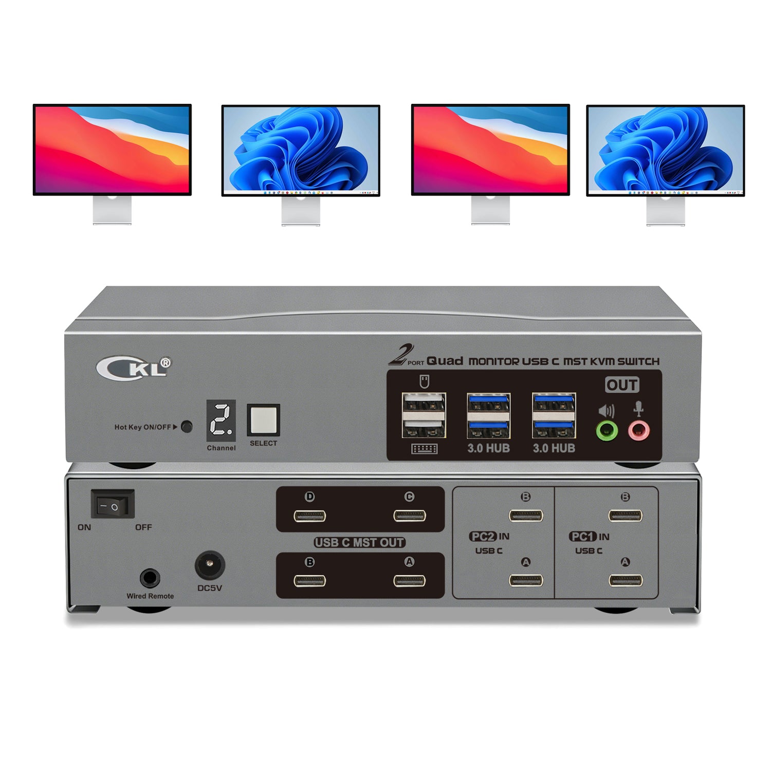 CKL USB C KVM Switch Quad Monitors 4K@60Hz, For 2 USB-C Laptops to Share Keyboard Mouse and 4 Monitors, USB 3.0 Hub & Audio, Compatible Thunderbolt 3/4 USB 4 MST CKL KVM Switches
