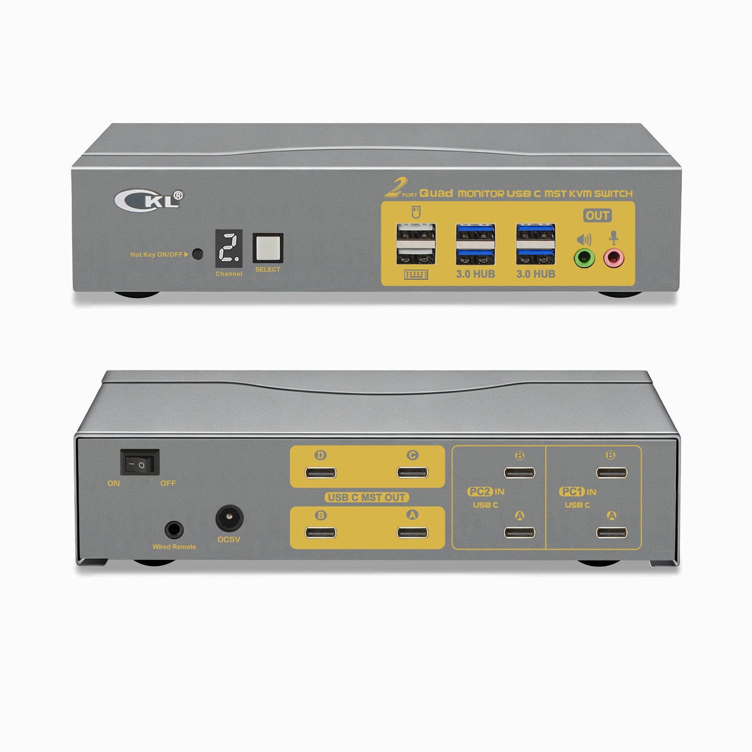 CKL USB C KVM Switch Quad Monitors 4K@60Hz, For 2 USB-C Laptops to Share Keyboard Mouse and 4 Monitors, USB 3.0 Hub & Audio, Compatible Thunderbolt 3/4 USB 4 MST CKL KVM Switches