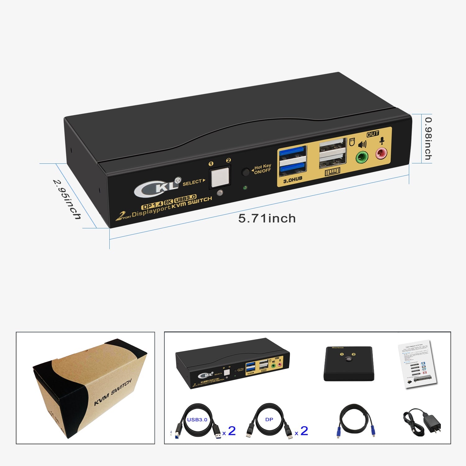 2 Port USB 3.0 KVM Switch Single Monitor DisplayPort 1.4 8K@30Hz 4K@144Hz for 2 Computers 1 Monitors CKL-62DP-4( For USA only) CKL