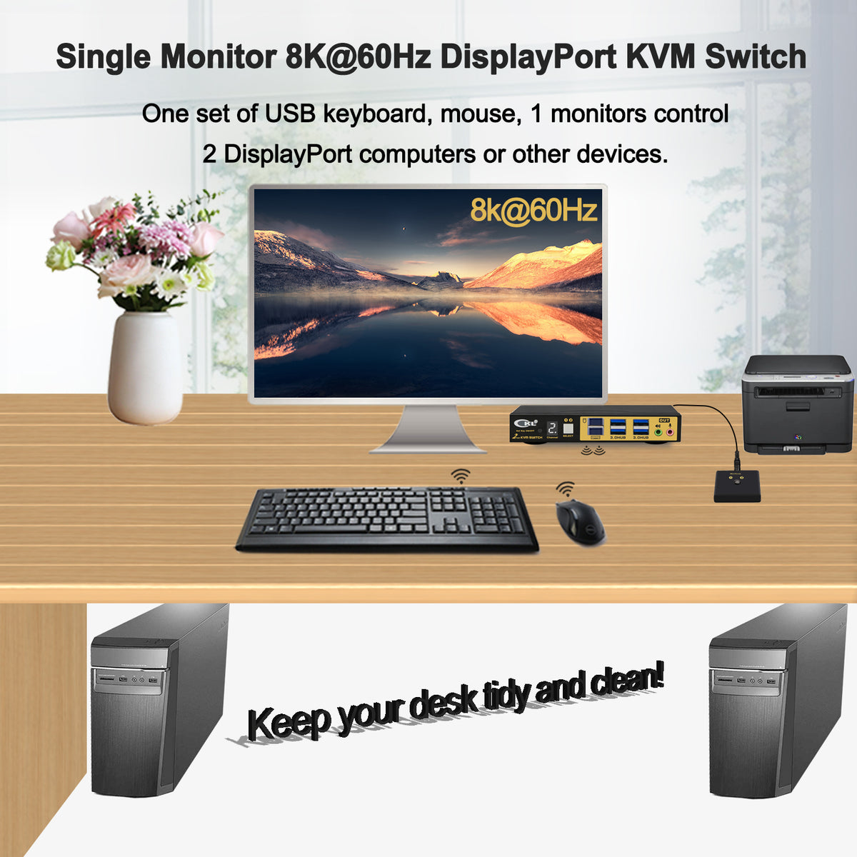 CKL 2 Port DisplayPort 1.4 KVM Switch 8K@60Hz 4K@144Hz with HDMI Output, Emulated EDID, USB3.0 Hub, 3.5mm Audio Mic, Hotkey for 2 PCs Share Keyboard Mouse Monitor(62DP-5)