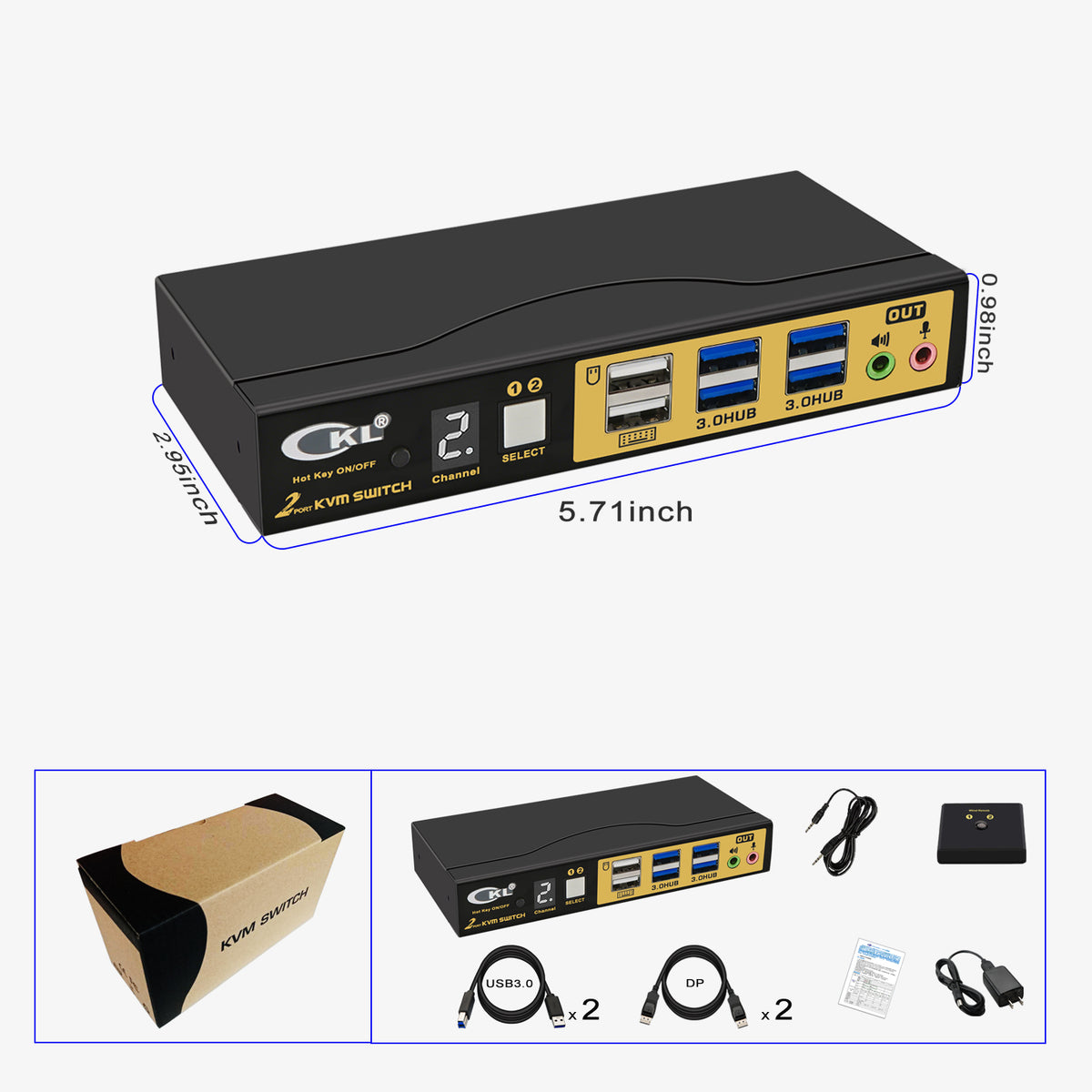 CKL 2 Port DisplayPort 1.4 KVM Switch 8K@60Hz 4K@144Hz with HDMI Output, Emulated EDID, USB3.0 Hub, 3.5mm Audio Mic, Hotkey for 2 PCs Share Keyboard Mouse Monitor(62DP-5)