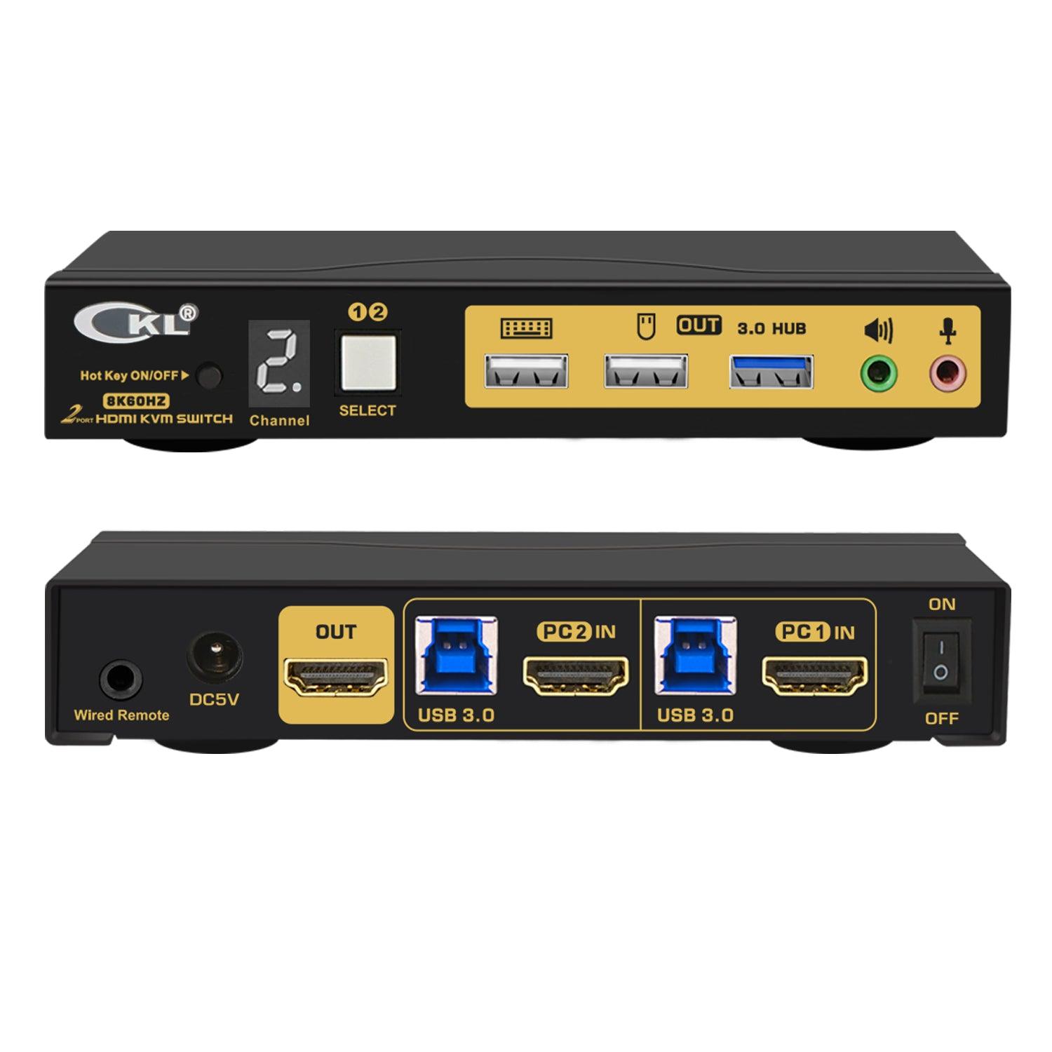 CKL 2 Port USB 3.0 KVM Switch HDMI 2.1 8K 60Hz 4K 120Hz 144Hz with EDID, PC Screen Keyboard Mouse Peripheral Audio Sharing Selector Box for 2 Computers 1 Monitor (62HUA-5) - CKL KVM Switches