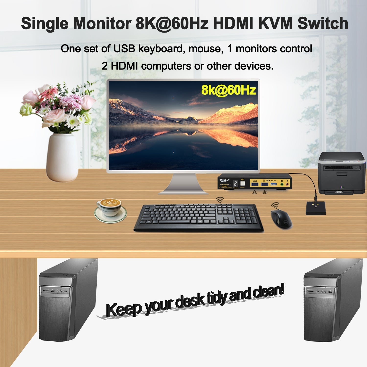 CKL 2 Port USB 3.0 KVM Switch HDMI 2.1 8K 60Hz 4K 120Hz 144Hz with EDID, PC Screen Keyboard Mouse Peripheral Audio Sharing Selector Box for 2 Computers 1 Monitor (62HUA-5) CKL