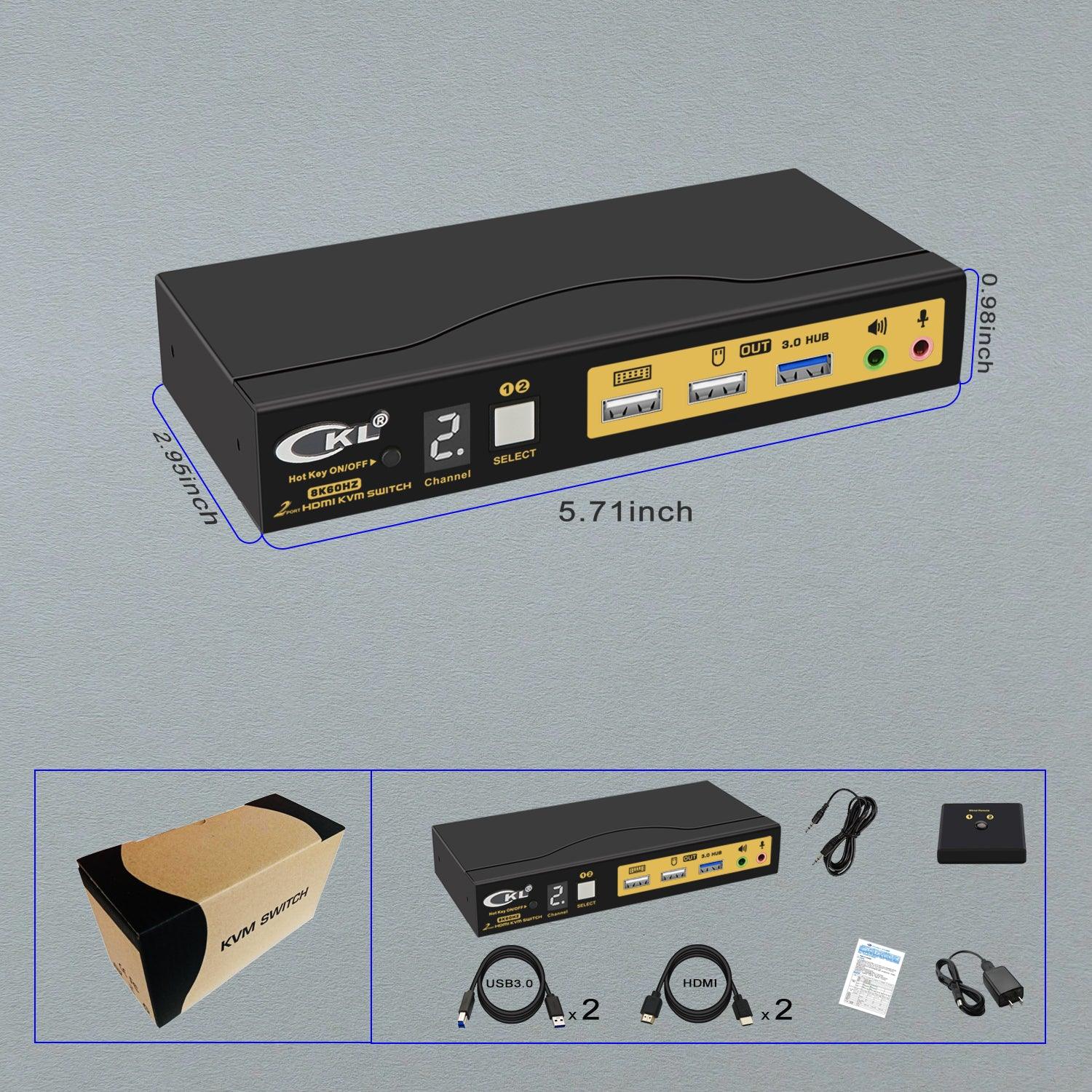CKL 2 Port USB 3.0 KVM Switch HDMI 2.1 8K 60Hz 4K 120Hz 144Hz with EDID, PC Screen Keyboard Mouse Peripheral Audio Sharing Selector Box for 2 Computers 1 Monitor (62HUA-5) - CKL KVM Switches