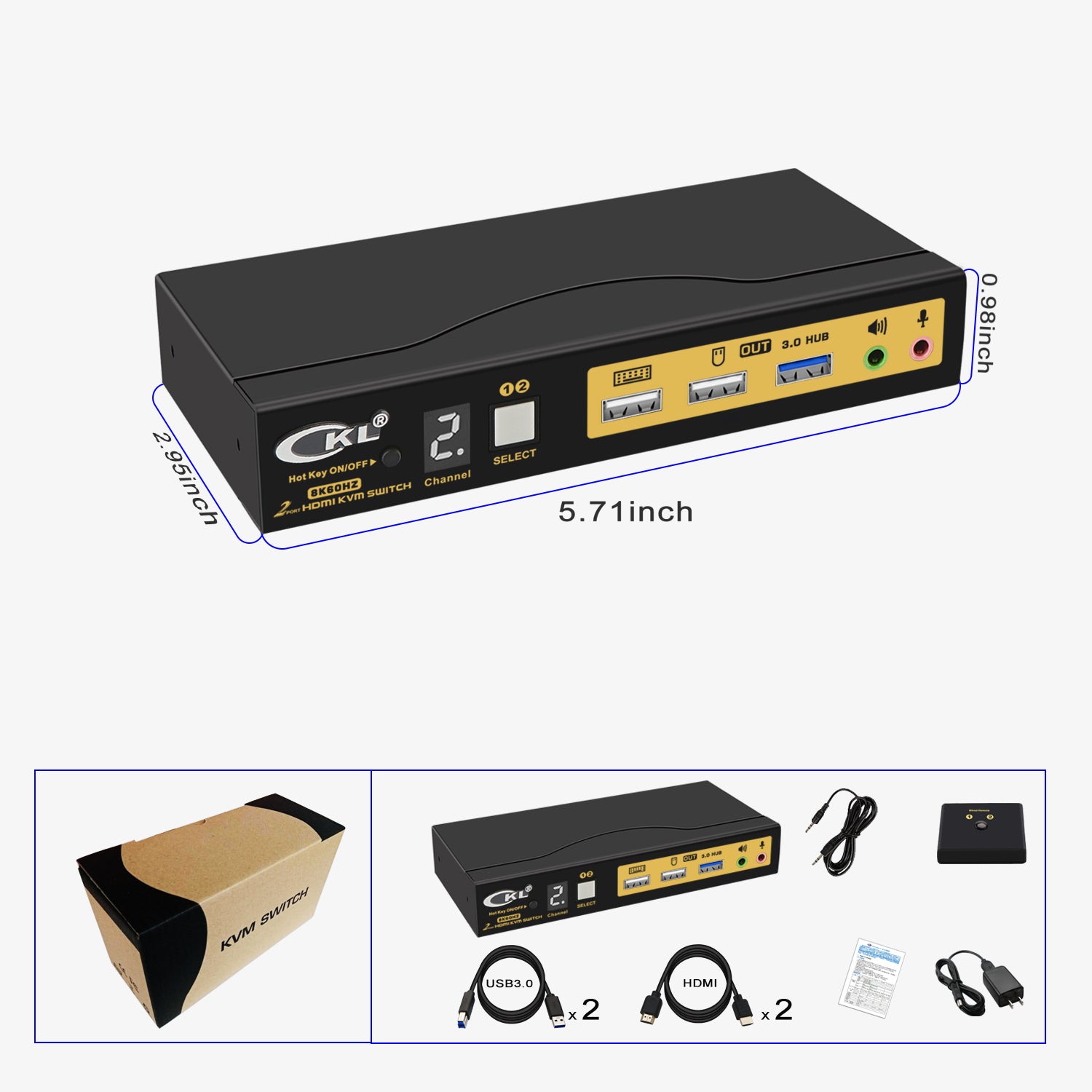 CKL 2 Port USB 3.0 KVM Switch HDMI 2.1 8K 60Hz 4K 120Hz 144Hz with EDID, PC Screen Keyboard Mouse Peripheral Audio Sharing Selector Box for 2 Computers 1 Monitor (62HUA-5)