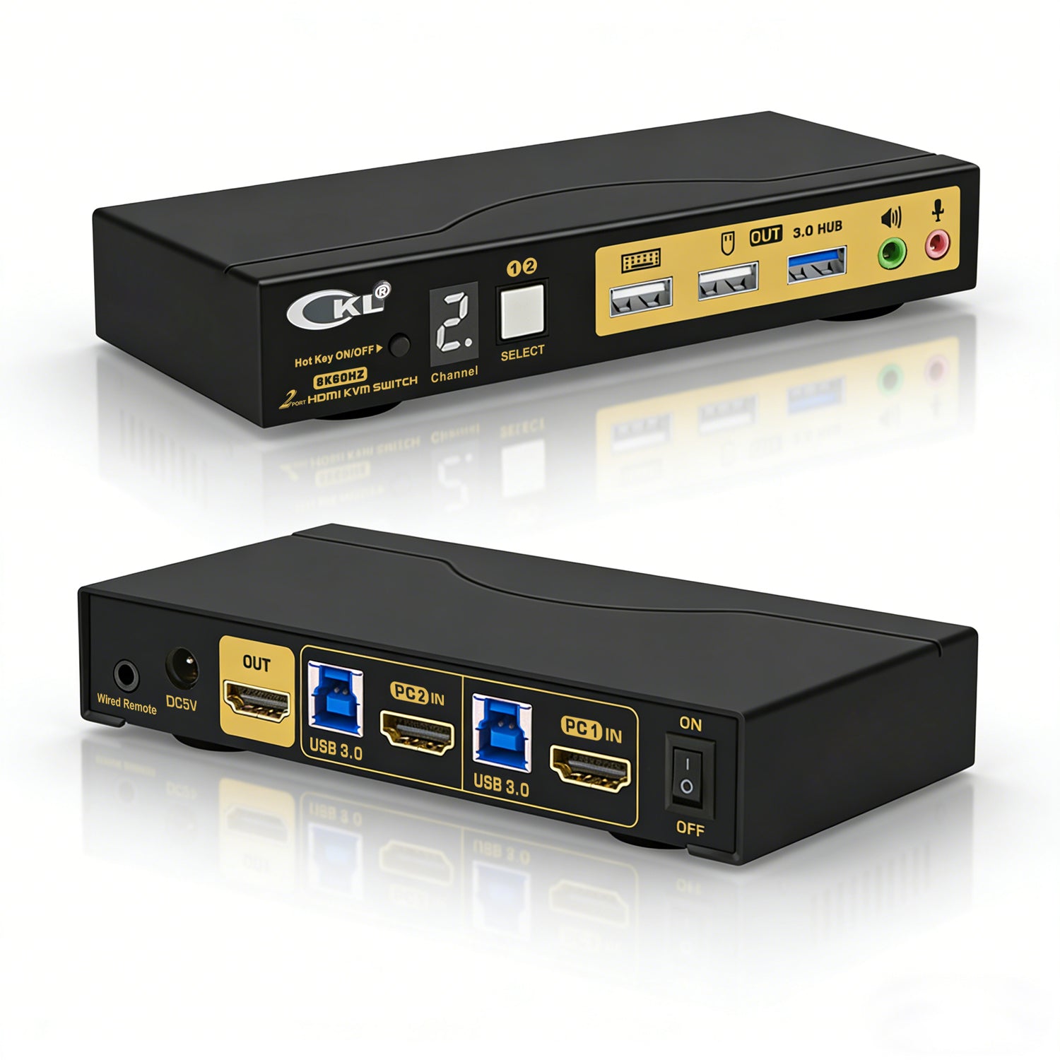 CKL 2 Port USB 3.0 KVM Switch HDMI 2.1 8K 60Hz 4K 120Hz 144Hz with EDID, PC Screen Keyboard Mouse Peripheral Audio Sharing Selector Box for 2 Computers 1 Monitor (62HUA-5)