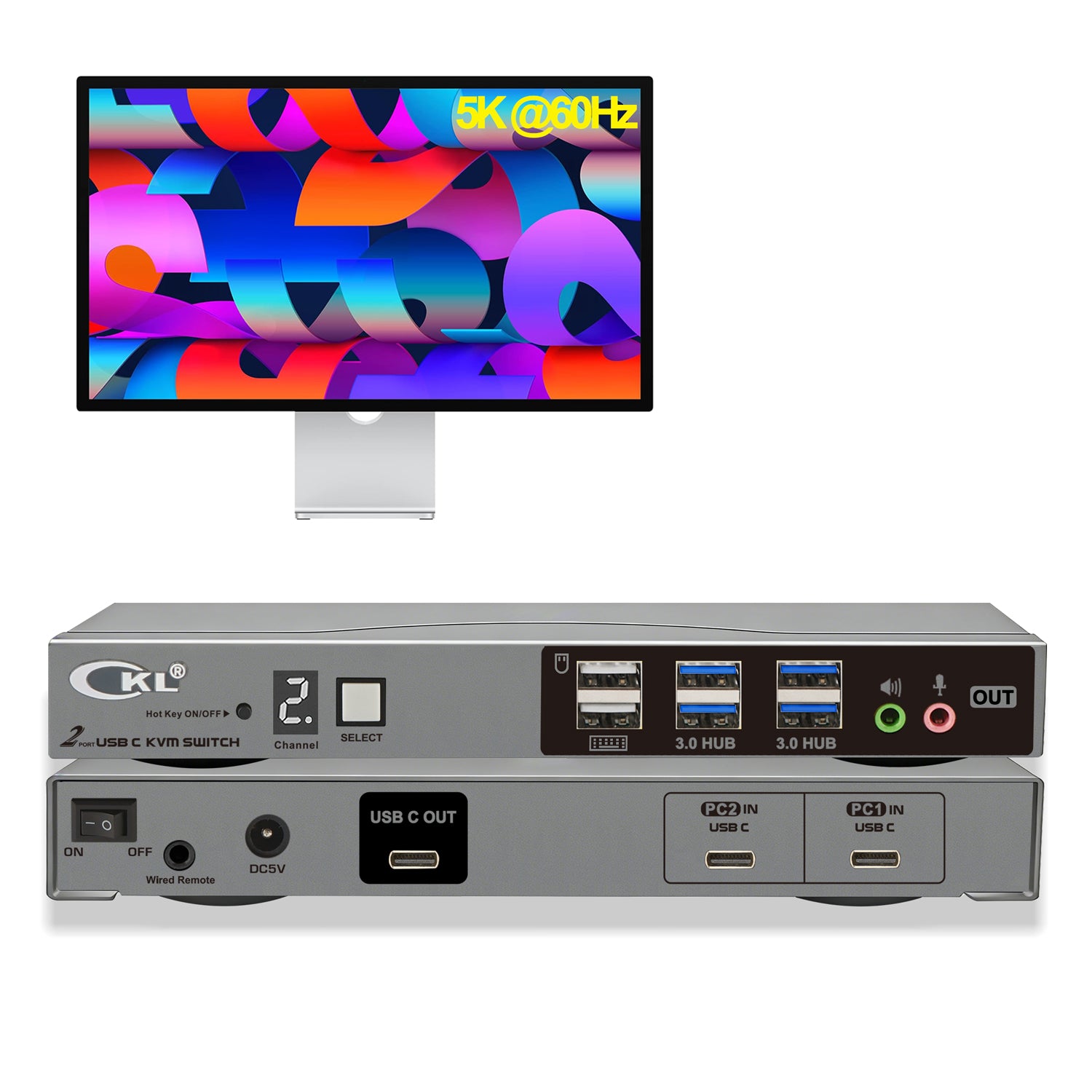CKL 8K USB C KVM Switch 2 Port, Full USB-C In/Out KVM Switch, 2 USB-C Laptop to 1 Monitor Keyboard Mouse Sharing, USB 3.0 Hub & Audio, Plug Play for Mac Windows CKL KVM Switches