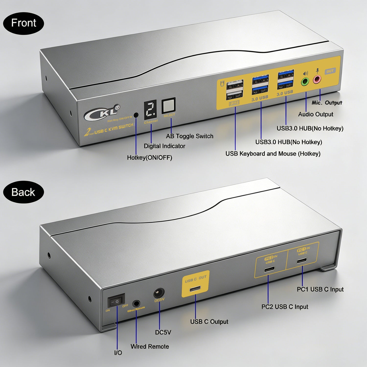 CKL 8K USB C KVM Switch 2 Port, Full USB-C In/Out KVM Switch, 2 USB-C Laptop to 1 Monitor Keyboard Mouse Sharing, USB 3.0 Hub & Audio, Plug Play for Mac Windows CKL KVM Switches