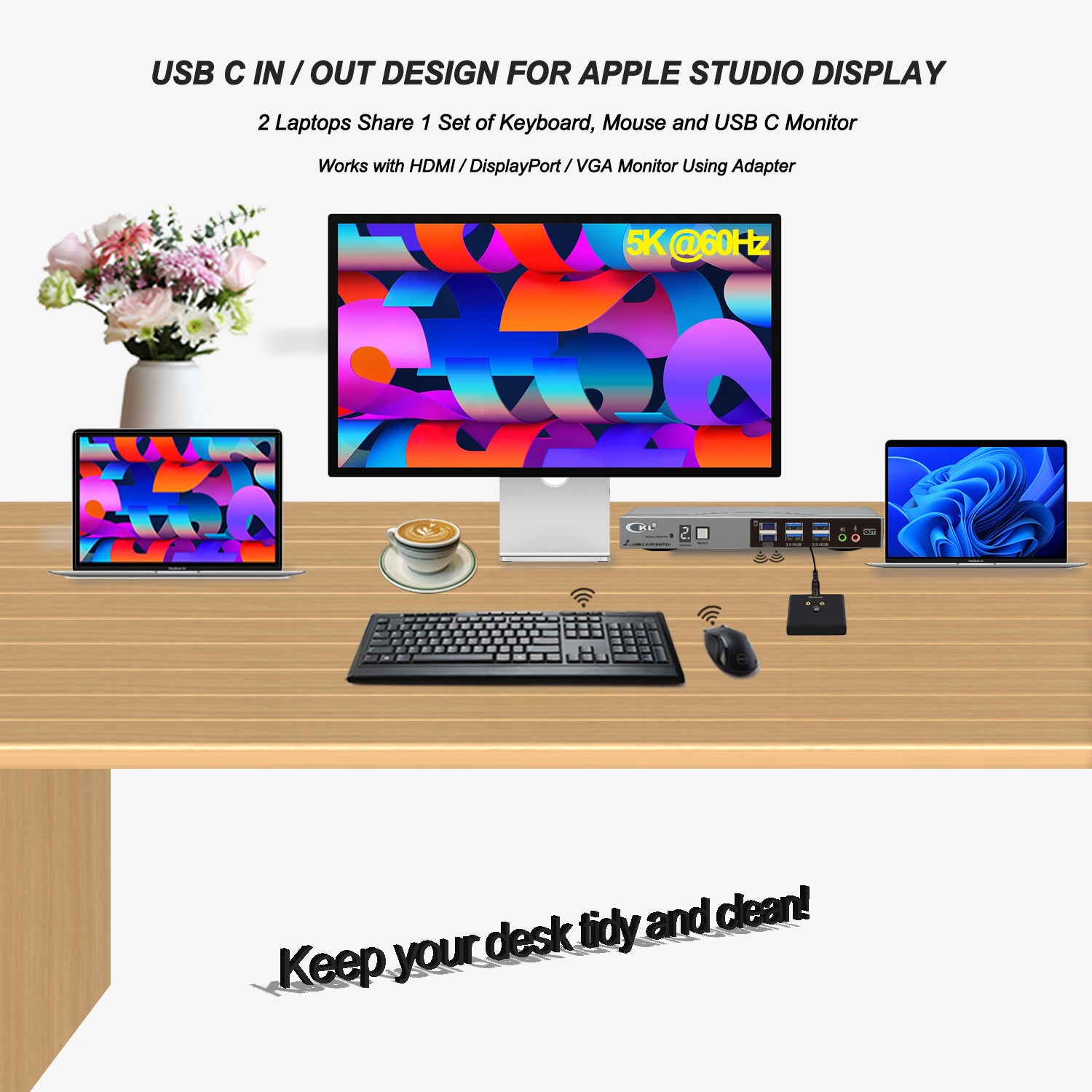 CKL 8K USB C KVM Switch 2 Port, Full USB-C In/Out KVM Switch, 2 USB-C Laptop to 1 Monitor Keyboard Mouse Sharing, USB 3.0 Hub & Audio, Plug Play for Mac Windows CKL KVM Switches