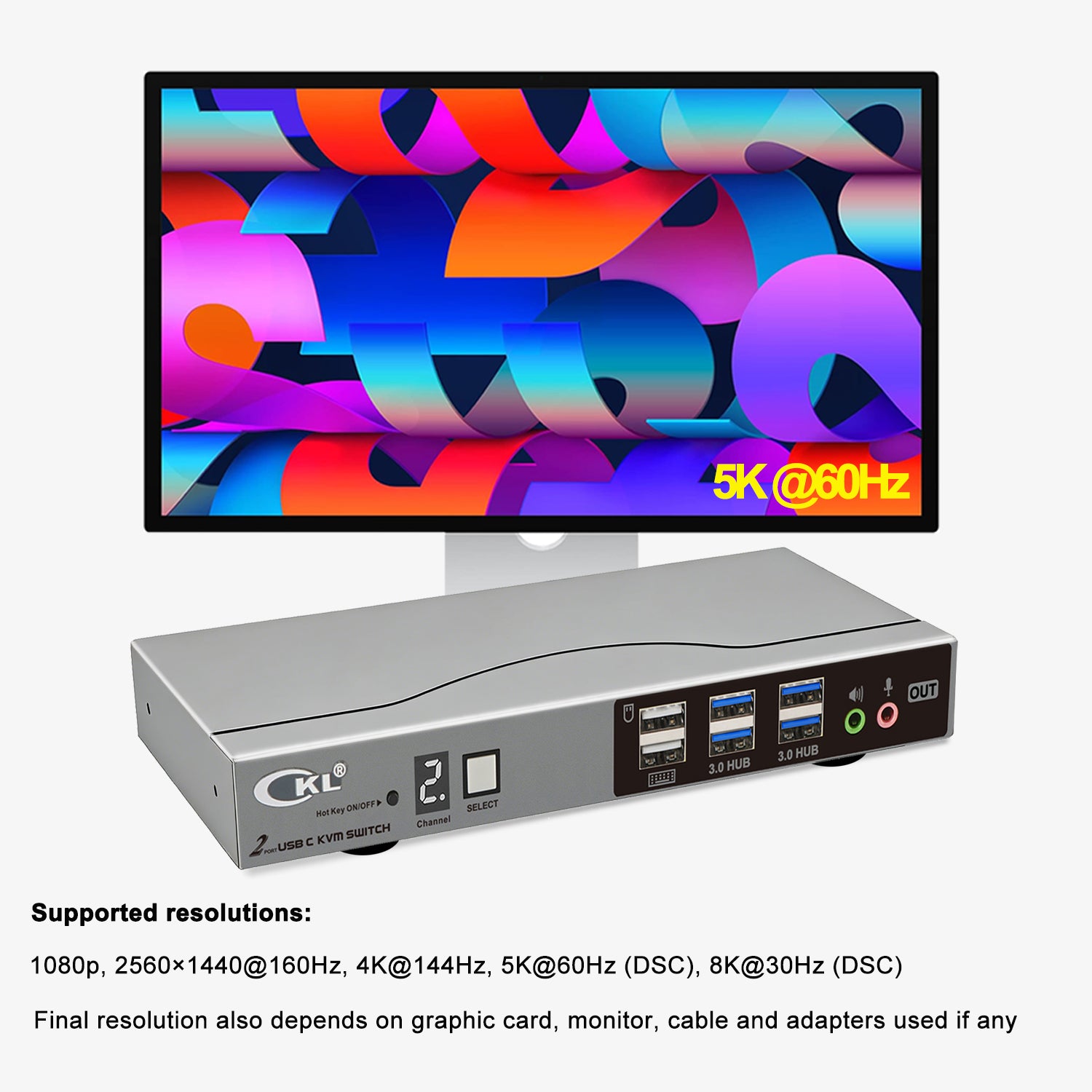 CKL 8K USB C KVM Switch 2 Port, Full USB-C In/Out KVM Switch, 2 USB-C Laptop to 1 Monitor Keyboard Mouse Sharing, USB 3.0 Hub & Audio, Plug Play for Mac Windows CKL KVM Switches