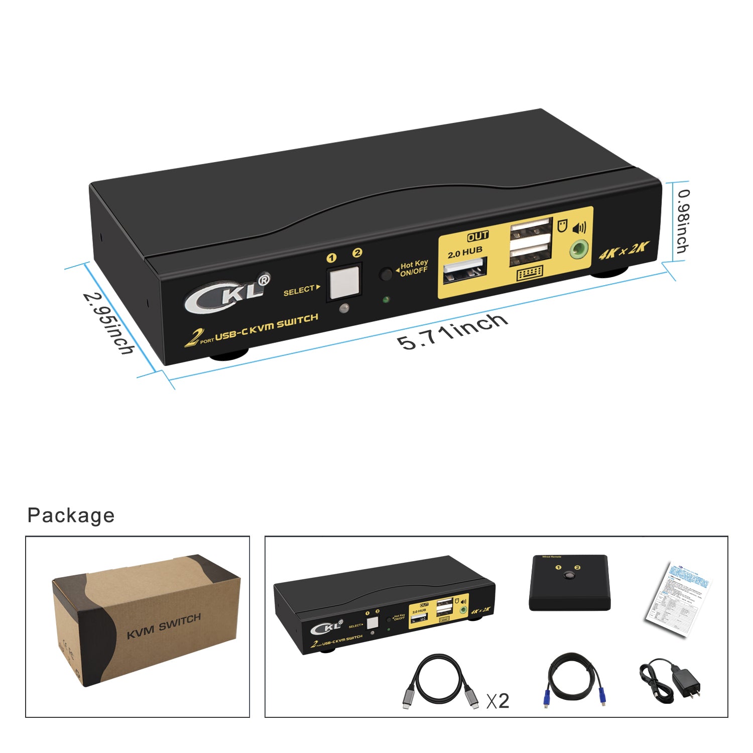 CKL 2 Port USB C KVM Switch for 2 Laptops 4K@60Hz, Type C input HDMI Output Keyboard Mouse Monitor Switcher 62T
