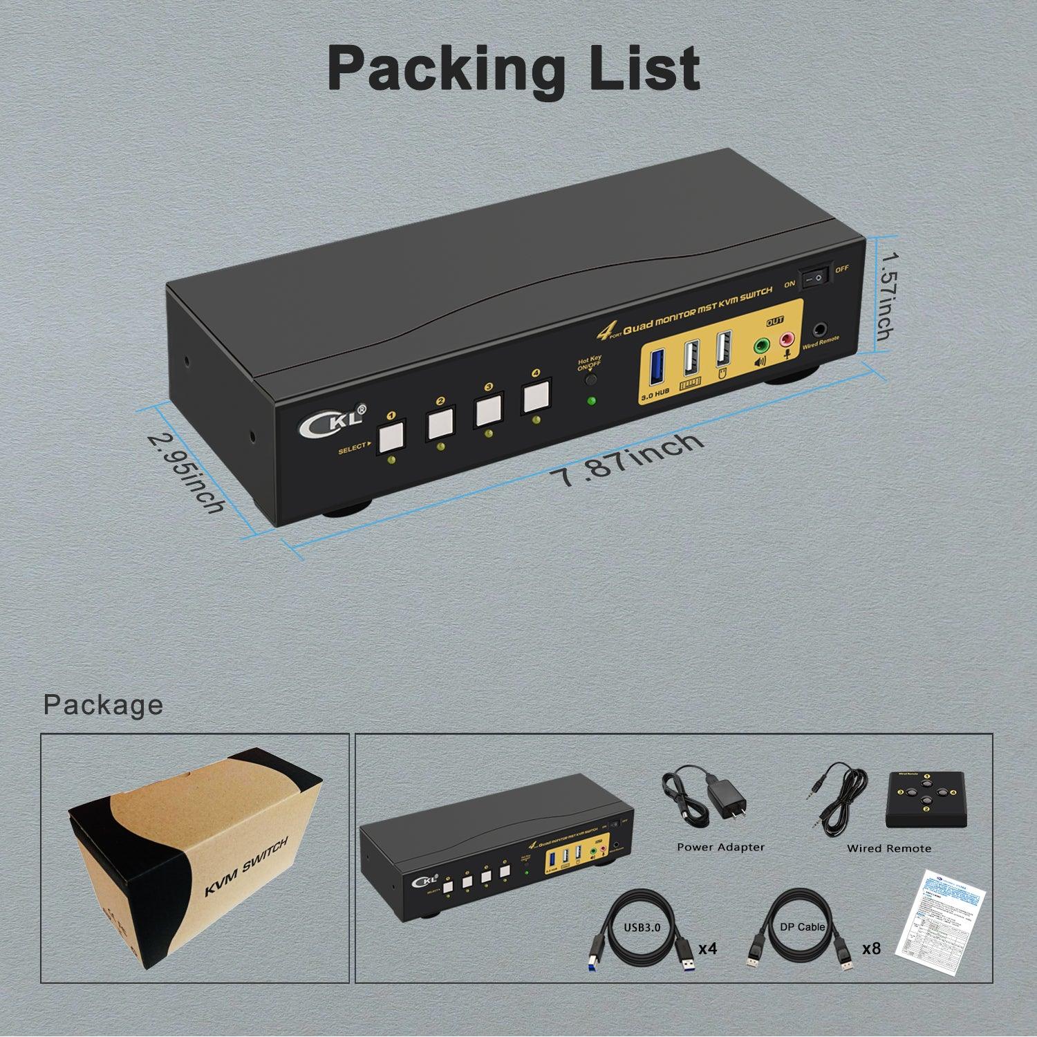 CKL DisplayPort 1.4 MST KVM Switch Quad Monitor 4 Port 4K 60Hz | DisplayPort + DisplayPort Output | 4 Computers 4 Monitors | Support USB 3.0, Audio, Mic (644DP-MST) - CKL KVM Switches
