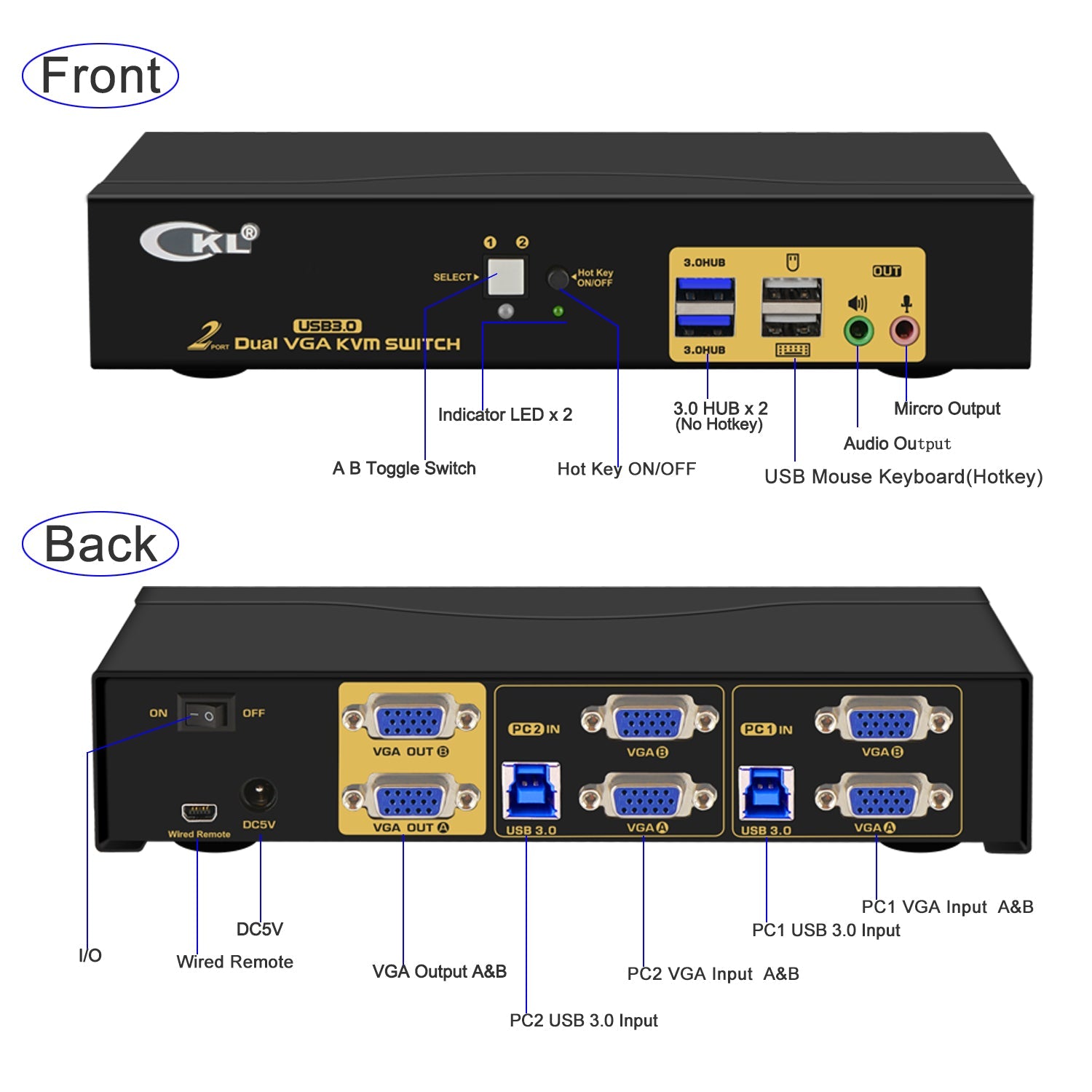 CKL 2 Port USB 3.0 VGA KVM Switch Dual Monitor Extended Display Supports 2048 * 1536@450MHz CKL-822UA-3 CKL KVM Switches