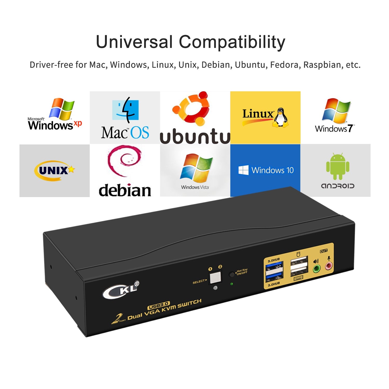 CKL 2 Port USB 3.0 VGA KVM Switch Dual Monitor Extended Display Supports 2048 * 1536@450MHz CKL-822UA-3 CKL KVM Switches
