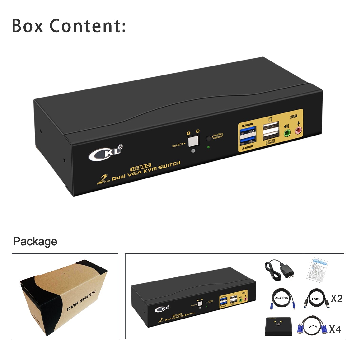 CKL 2 Port USB 3.0 VGA KVM Switch Dual Monitor Extended Display Supports 2048 * 1536@450MHz CKL-822UA-3 CKL KVM Switches