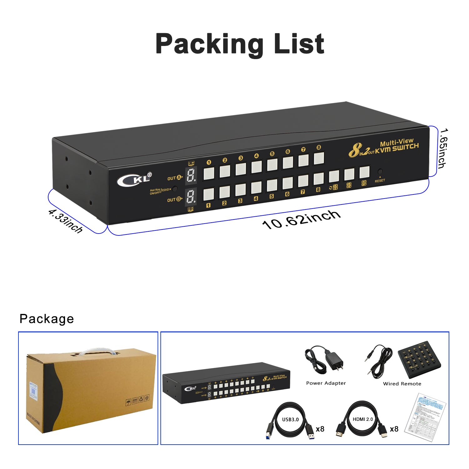 CKL 8 Port Multi-view KVM Switch Dual Monitor 4K@30Hz, Supports 1 Multi-vewer and 1 Single View Display, Hotkey and Wired Remote (82MVKVM) CKL KVM Switches