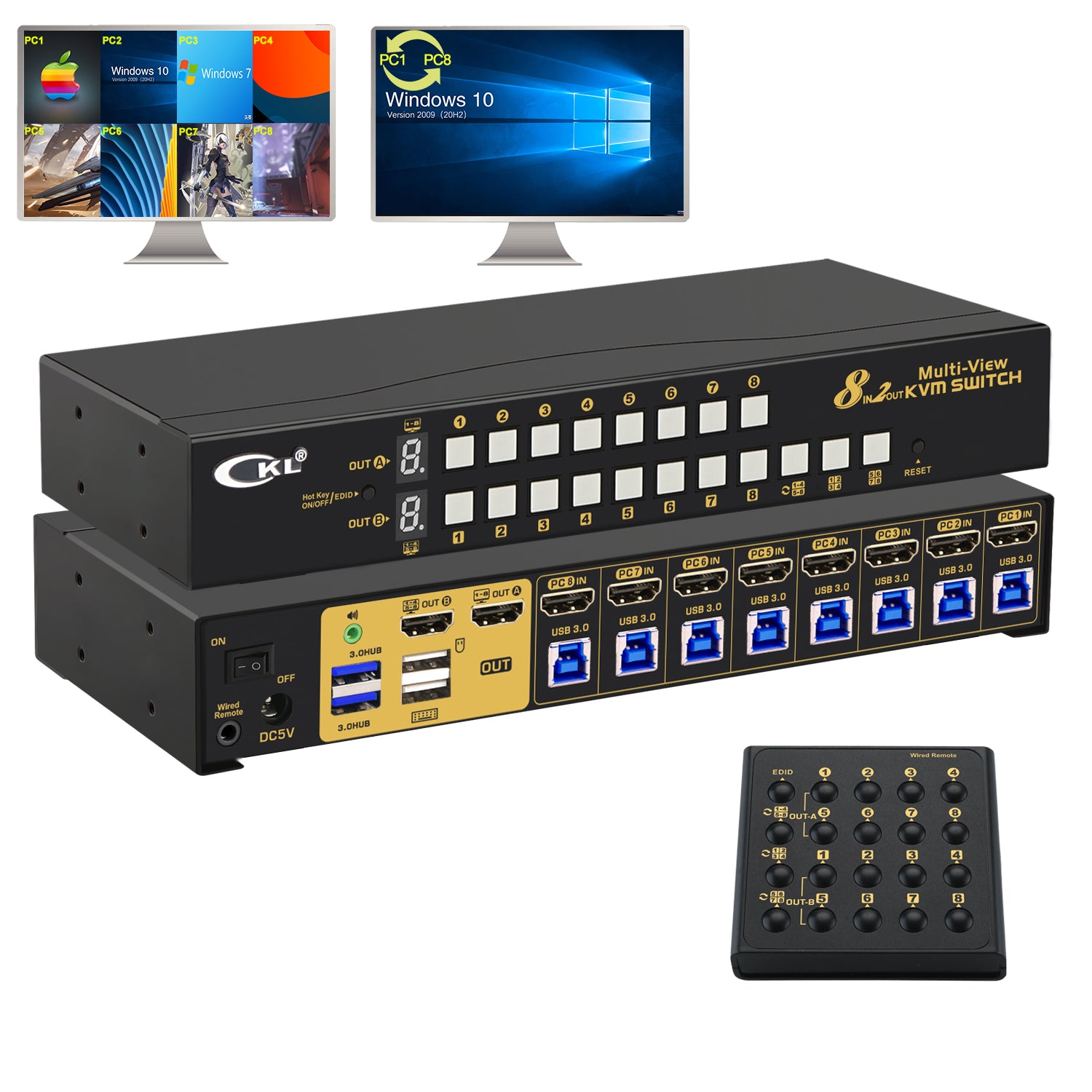 CKL 8 Port Multi-view KVM Switch Dual Monitor 4K@30Hz, Supports 1 Multi-vewer and 1 Single View Display, Hotkey and Wired Remote (82MVKVM)