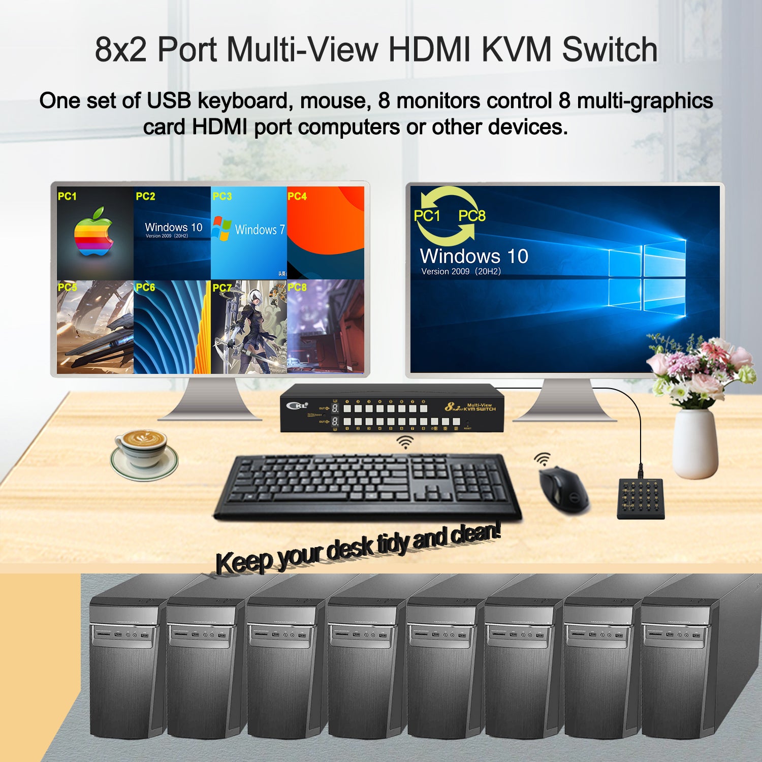 CKL 8 Port Multi-view KVM Switch Dual Monitor 4K@30Hz, Supports 1 Multi-vewer and 1 Single View Display, Hotkey and Wired Remote (82MVKVM)