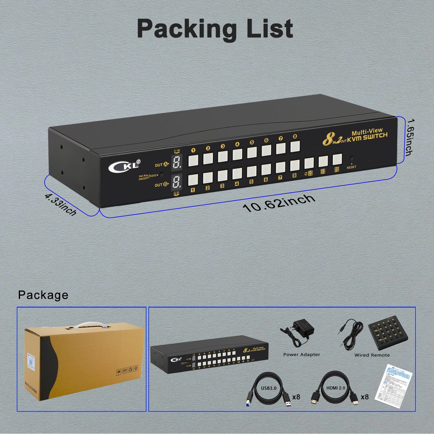 CKL 8 Port Multi-view KVM Switch Dual Monitor 4K@30Hz, Supports 1 Multi-vewer and 1 Single View Display, Hotkey and Wired Remote (82MVKVM)