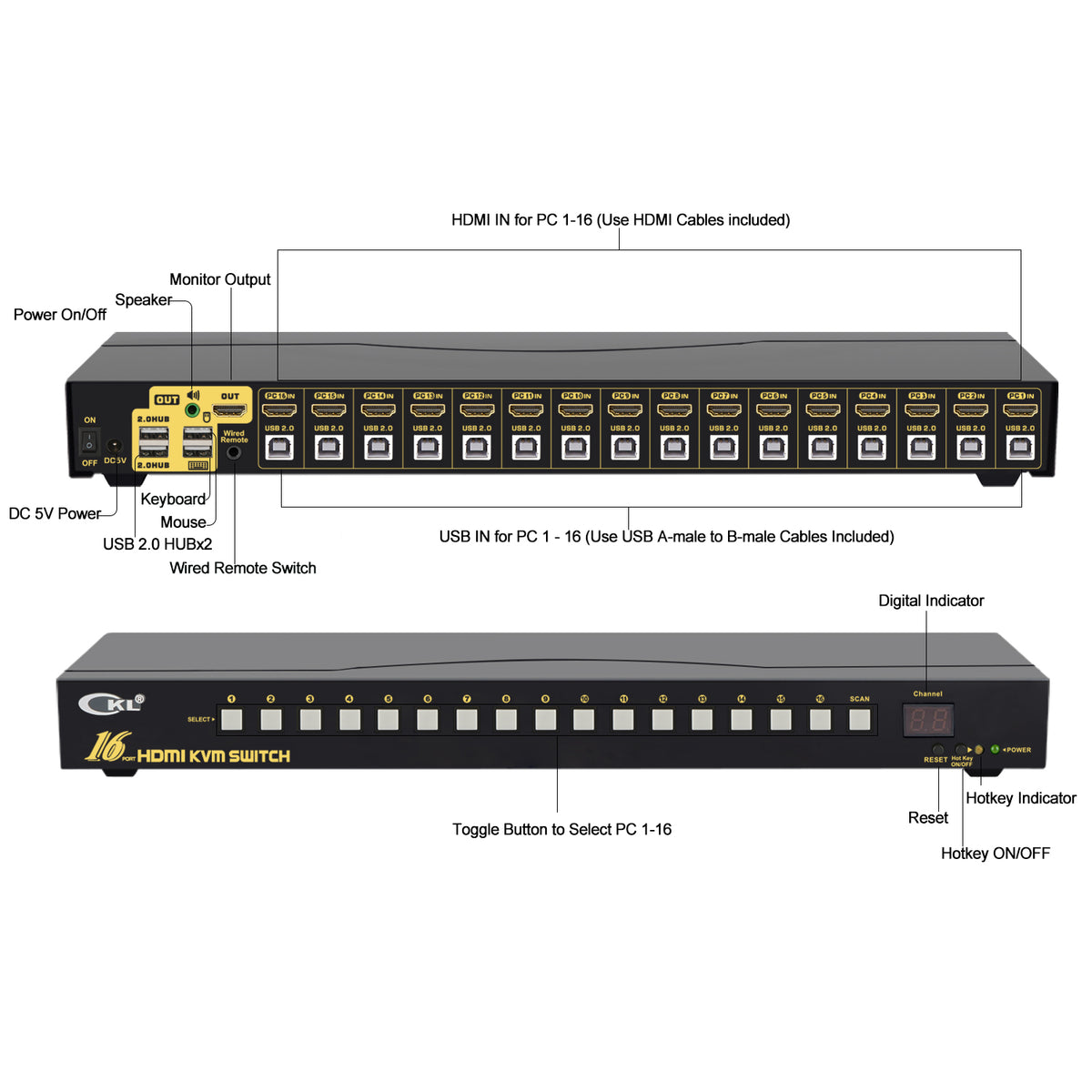 CKL USB HDMI KVM Switch 16 Port 1U Rackmount 4K 60Hz with Cables 9116H-2B